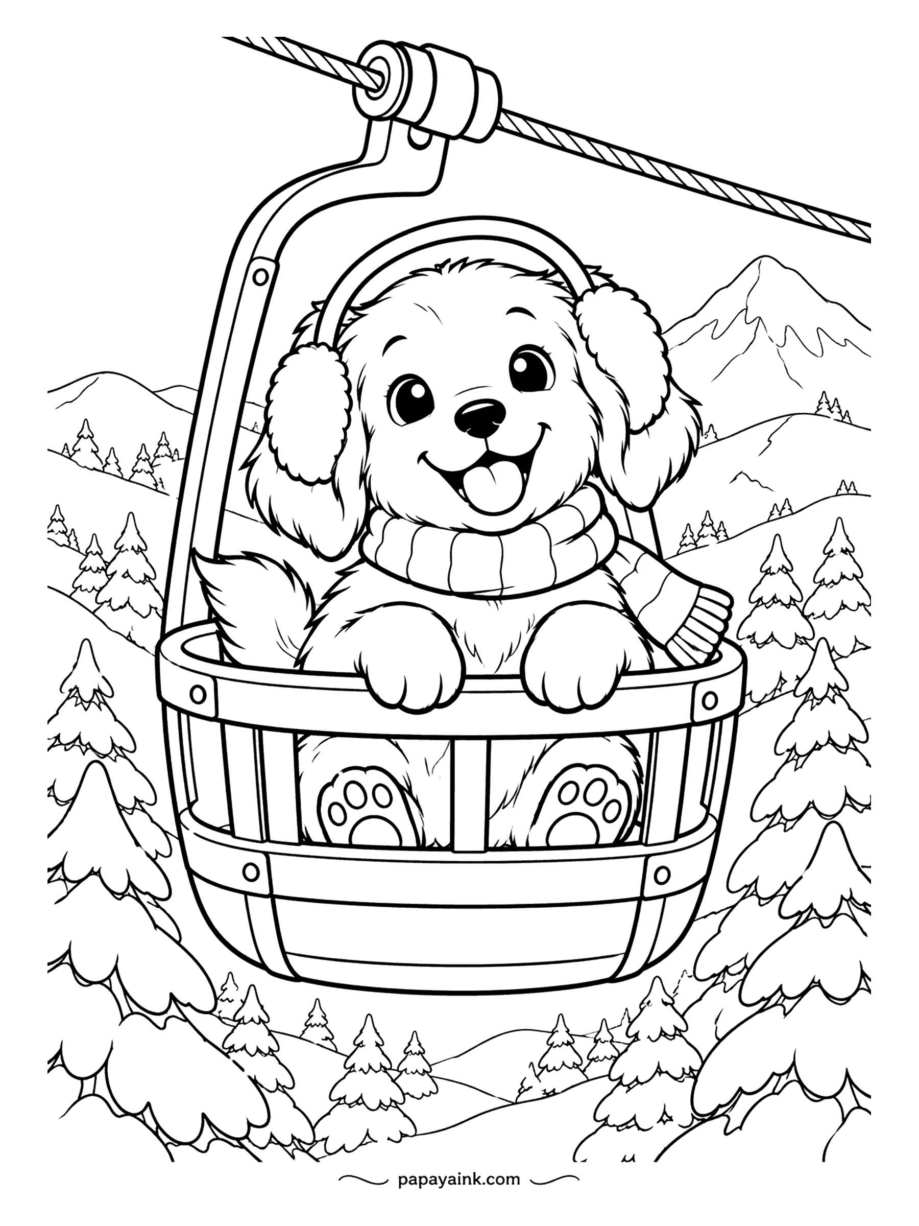 Cute Winter Coloring Pages - Riding the gondola up the mountain, the golden puppy in earmuffs has both paws on the rail and his tongue out for the view. Pine slopes and a snowy peak fall away below. A red cabin against white mountains is the classic choice.