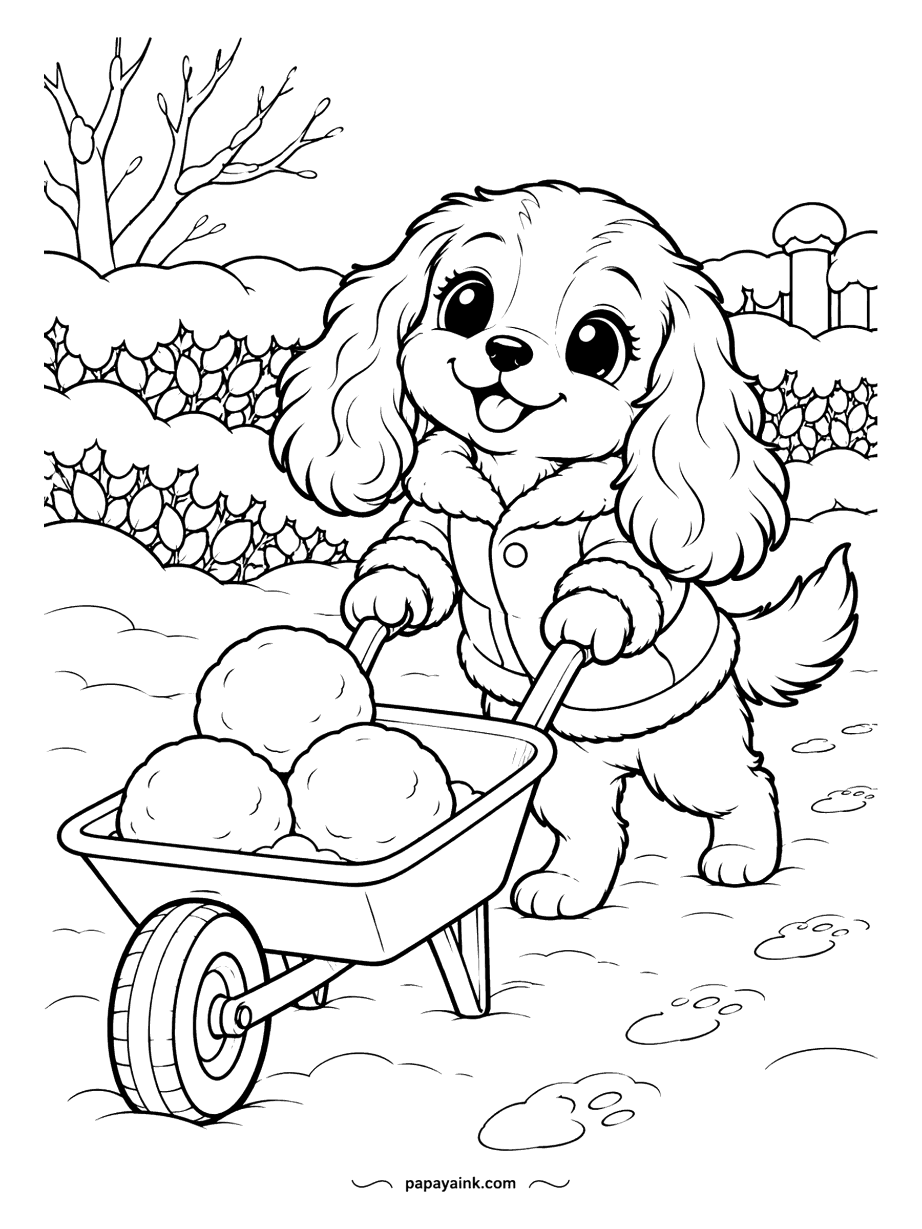 Cute Winter Coloring Pages - Snowball delivery. The long-eared spaniel puppy in a fur-trimmed coat pushes a wheelbarrow heaped with them past a bare tree and a hedge, paw prints behind. Copper for the ears, red for the barrow. Detailed.