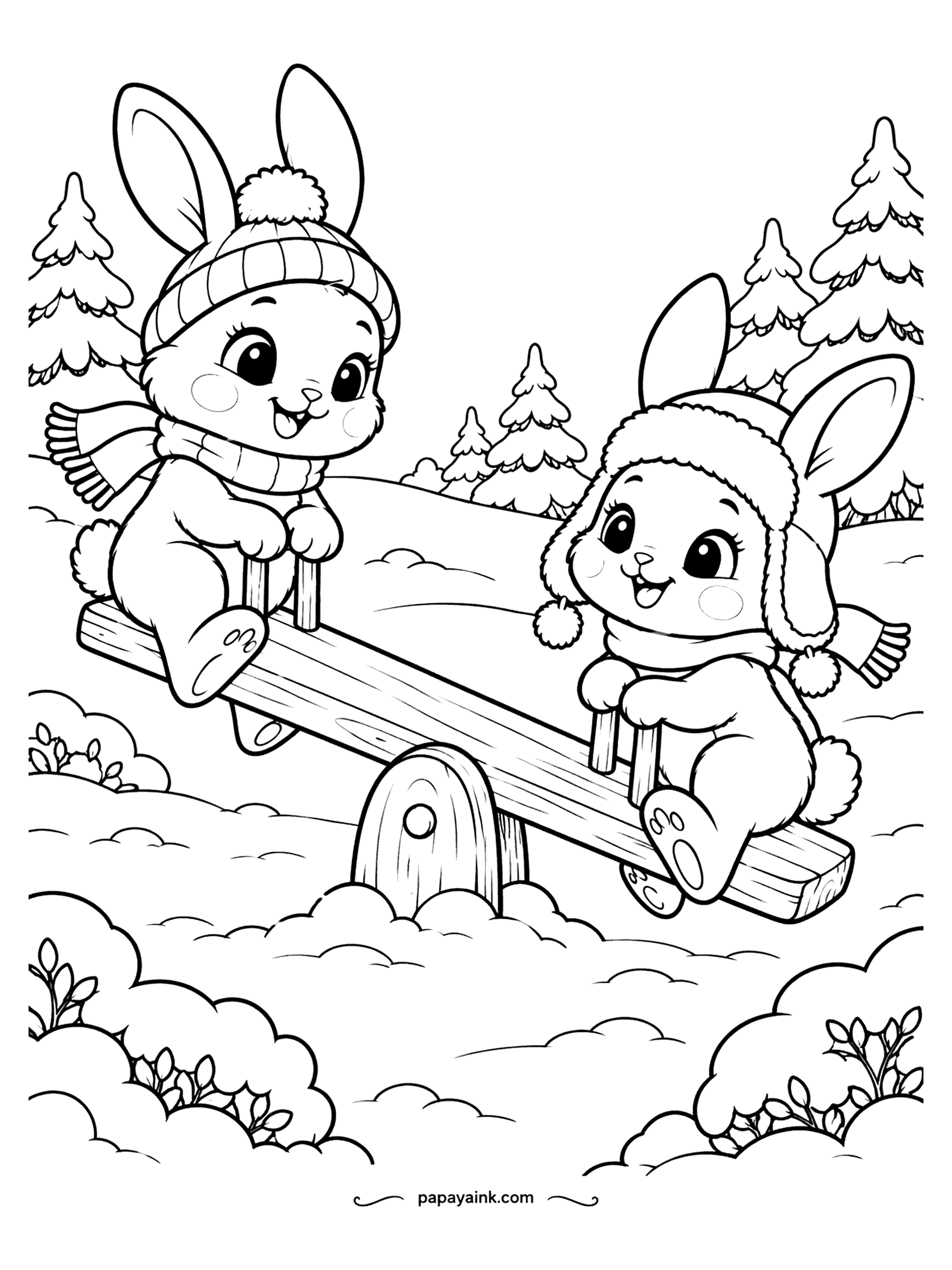 Cute Winter Coloring Pages - Seesaw in the snow: two rabbits in hats and scarves, one up, one down, trees and bushes all around. The one on top is enjoying it more. Different hat colors so the pair is easy to tell apart.