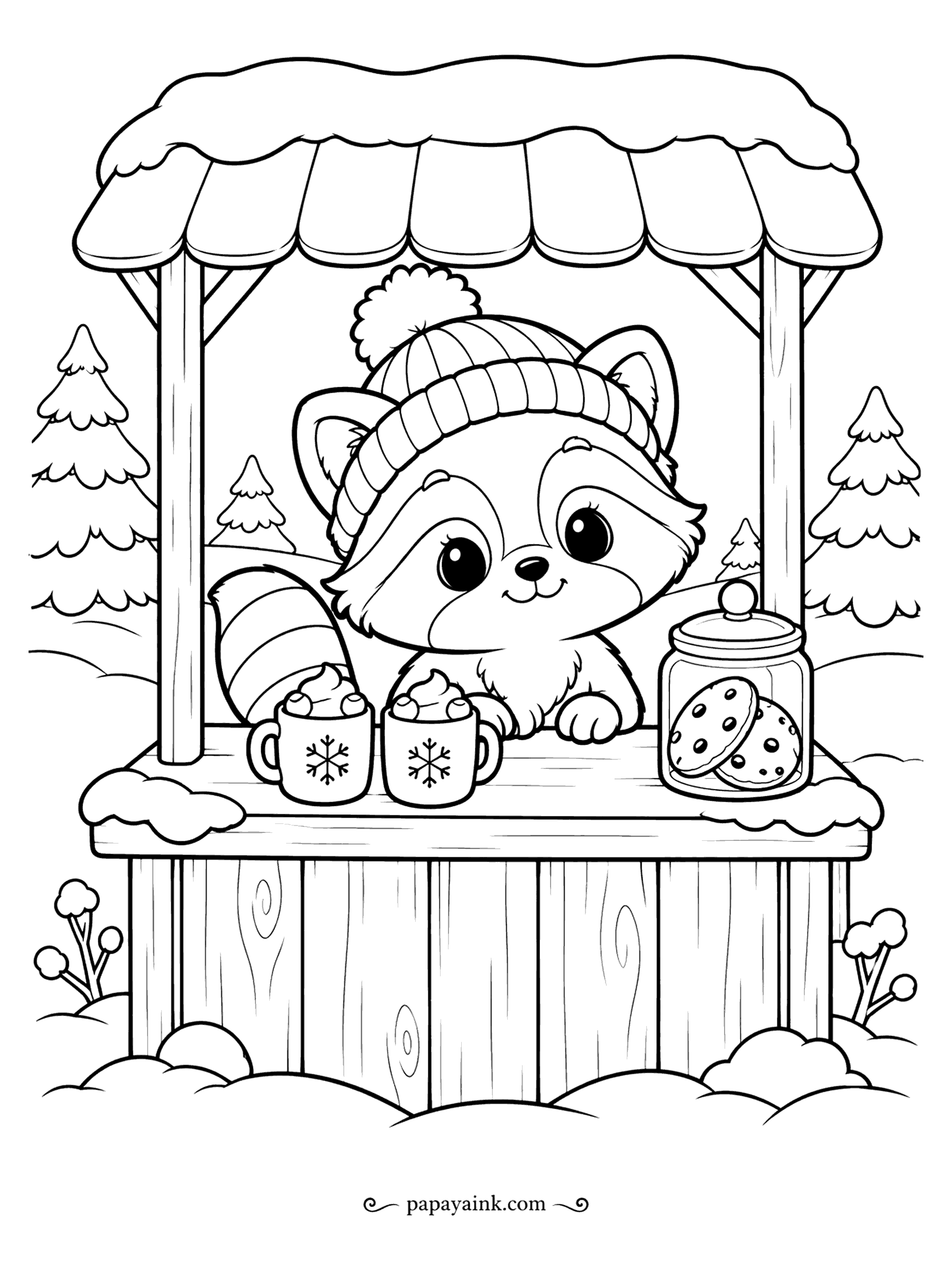 Cute Winter Coloring Pages - Hot cocoa stand, open for business. The raccoon in a knit hat leans over the counter with two mugs under whipped cream and a jar of cookies, snow piled on the roof. Wood grain on the stall takes a warm brown nicely. Detailed.