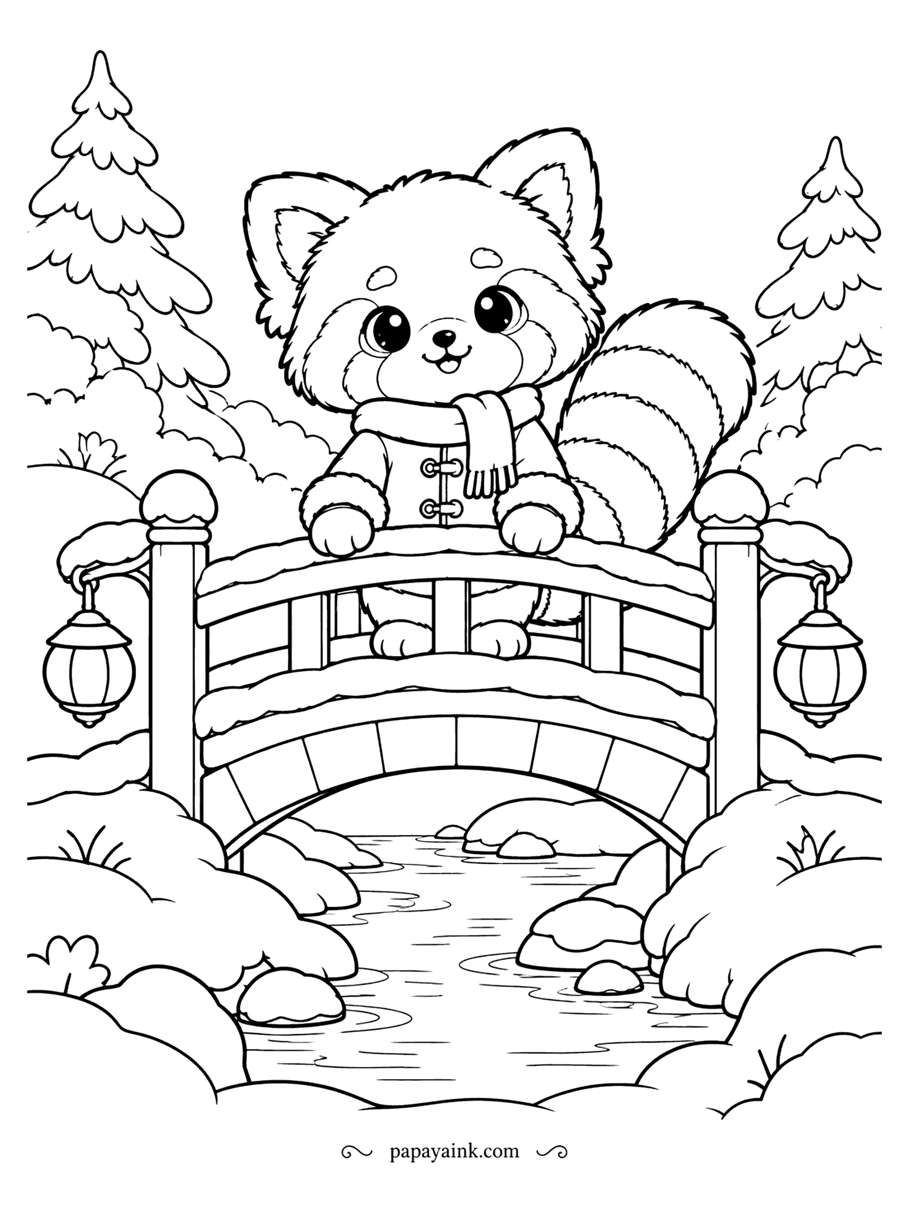 Cute Winter Coloring Pages - Over the stream on a snowy footbridge, a red panda in a buttoned coat pauses between two lanterns. His ringed tail curls up behind him, the water below still running. Rust for the fur, cream for the face: the real colors are hard to beat. Detailed.