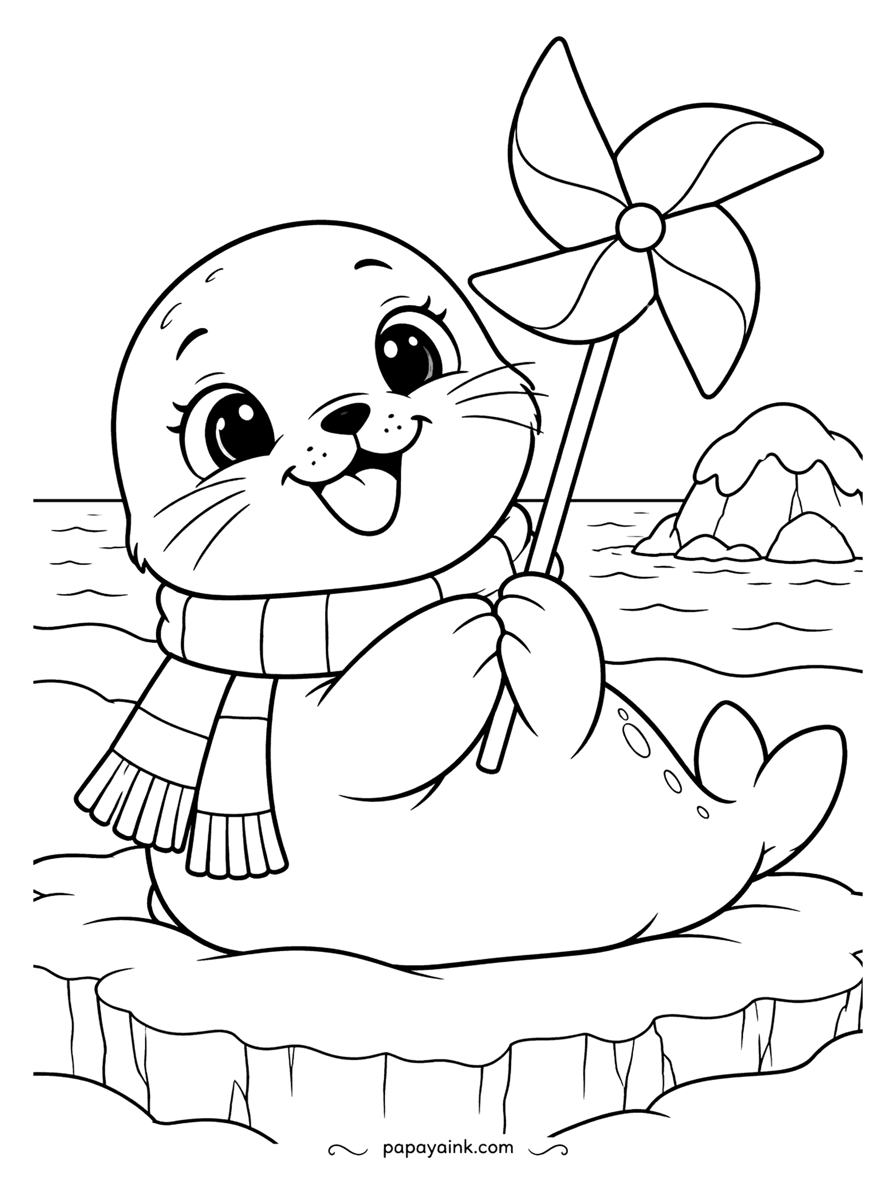 Cute Winter Coloring Pages - On an ice floe in a scarf, the seal pup holds a pinwheel up to the sea wind and waits for it to spin. Icebergs sit on the horizon. Give each blade of the pinwheel its own color and the sea a cold gray-blue.