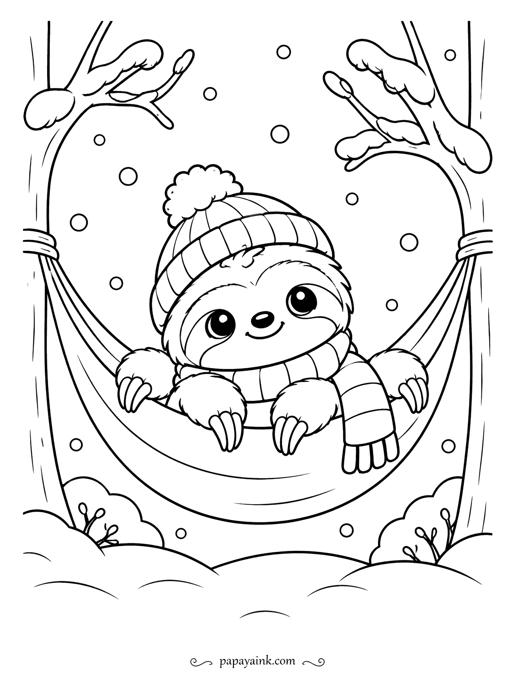 Cute Winter Coloring Pages - The sloth is wintering the way he summers: in a hammock, this time slung between two snow-covered branches, in a beanie and scarf. Flakes drift past and he does not mind. Big open shapes, an easy sheet to start with.