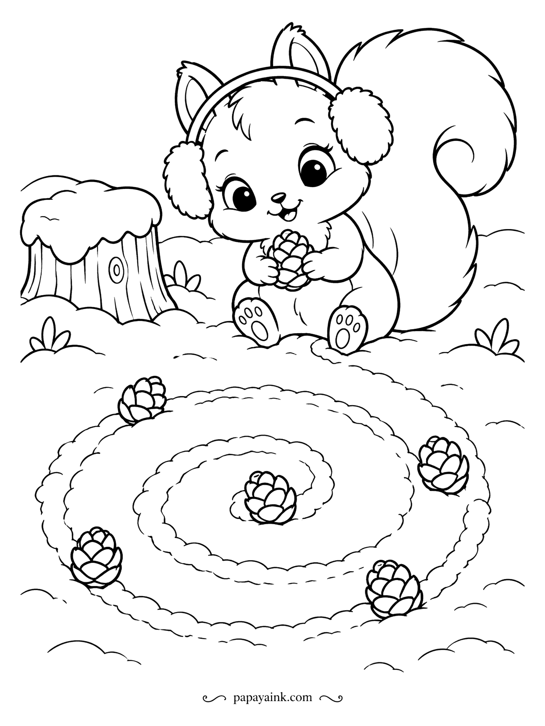Cute Winter Coloring Pages - Spiral of pine cones laid out in the snow, and the squirrel in earmuffs is placing the next one. A snow-capped stump sits behind her. Red-brown for the tail, brown for the cones, and the spiral itself stays bare.
