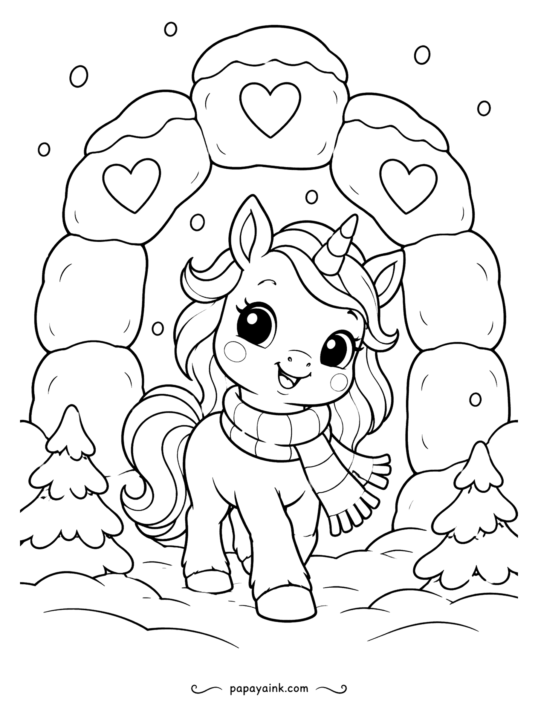 Cute Winter Coloring Pages - Under an arch of snow blocks, each carved with a heart, the unicorn foal in a striped scarf steps out to meet the snowfall. Evergreens on both sides, flakes above. Pastel mane, white arch, and the hearts in one soft color.