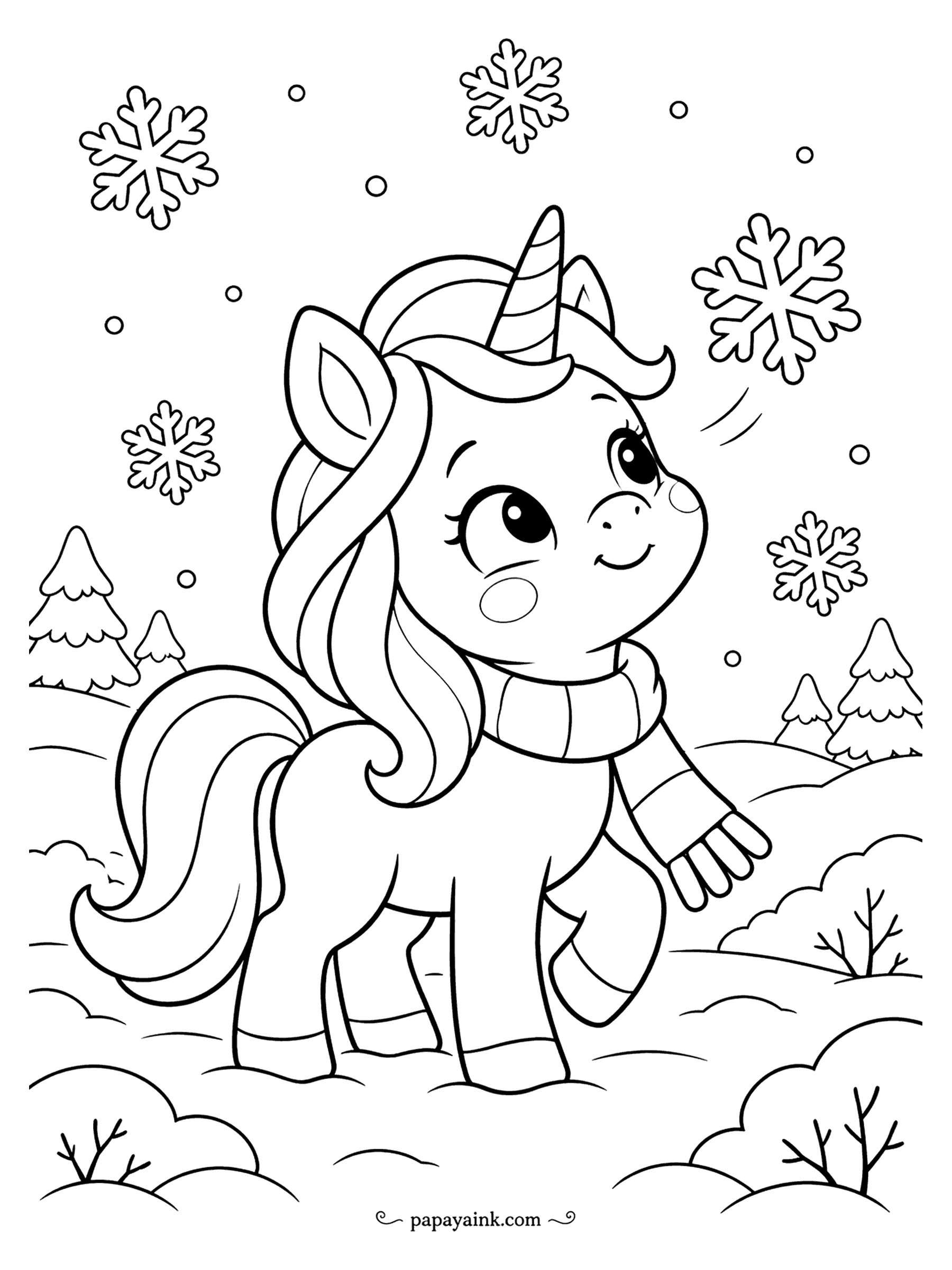 Cute Winter Coloring Pages - One hoof lifted, the unicorn foal in a striped scarf watches a snowflake drift toward her nose. Large crystal flakes fill the sky over the firs. Her mane is the place to try a rainbow, or just one winter blue.