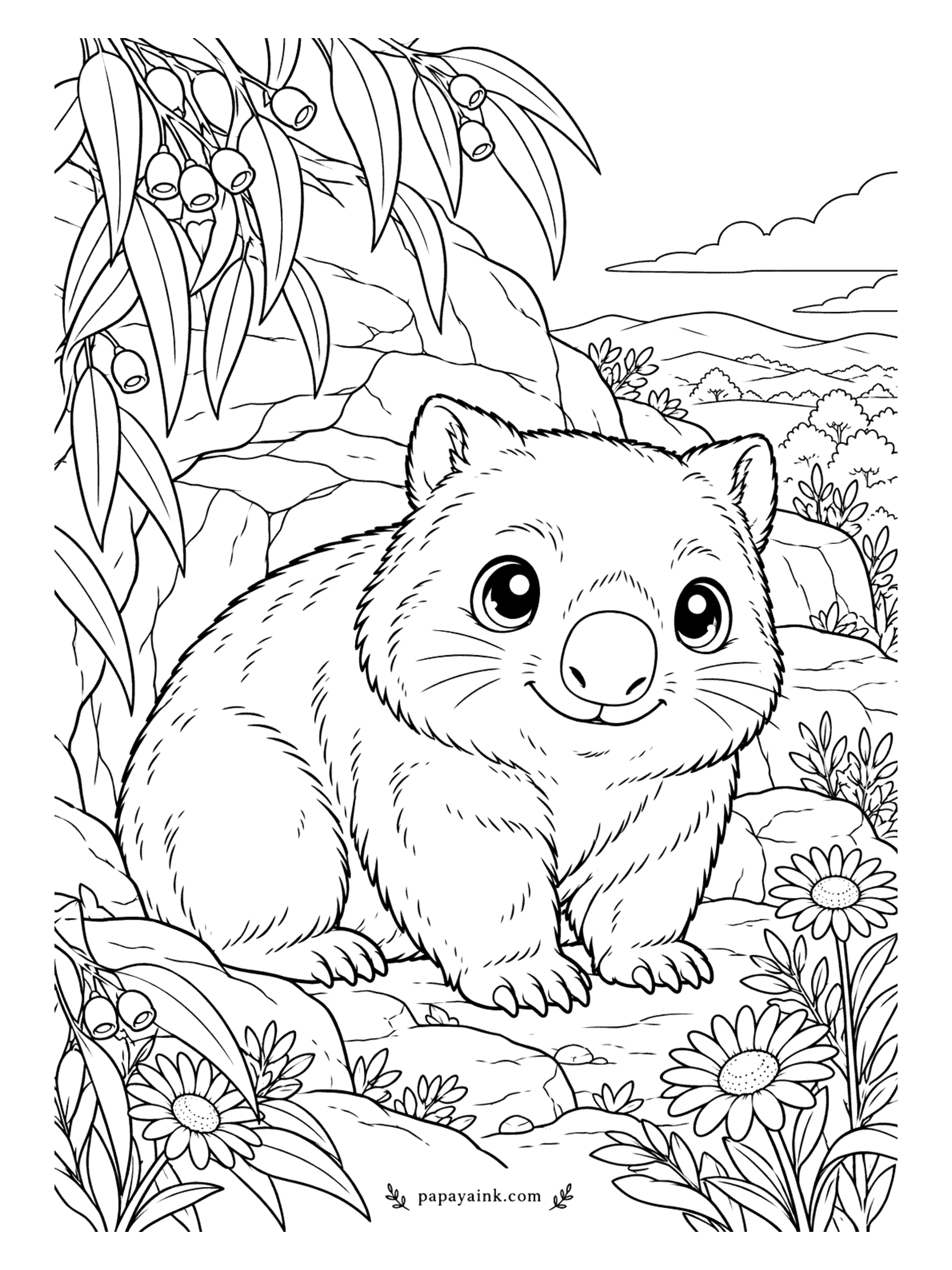 Cute Animal Coloring Pages - Round as a loaf and twice as solid, a wombat sits among daisies at the foot of a rocky outcrop, eucalyptus branches hanging overhead. Brown and gray pencils layered lightly give the fur its softness.