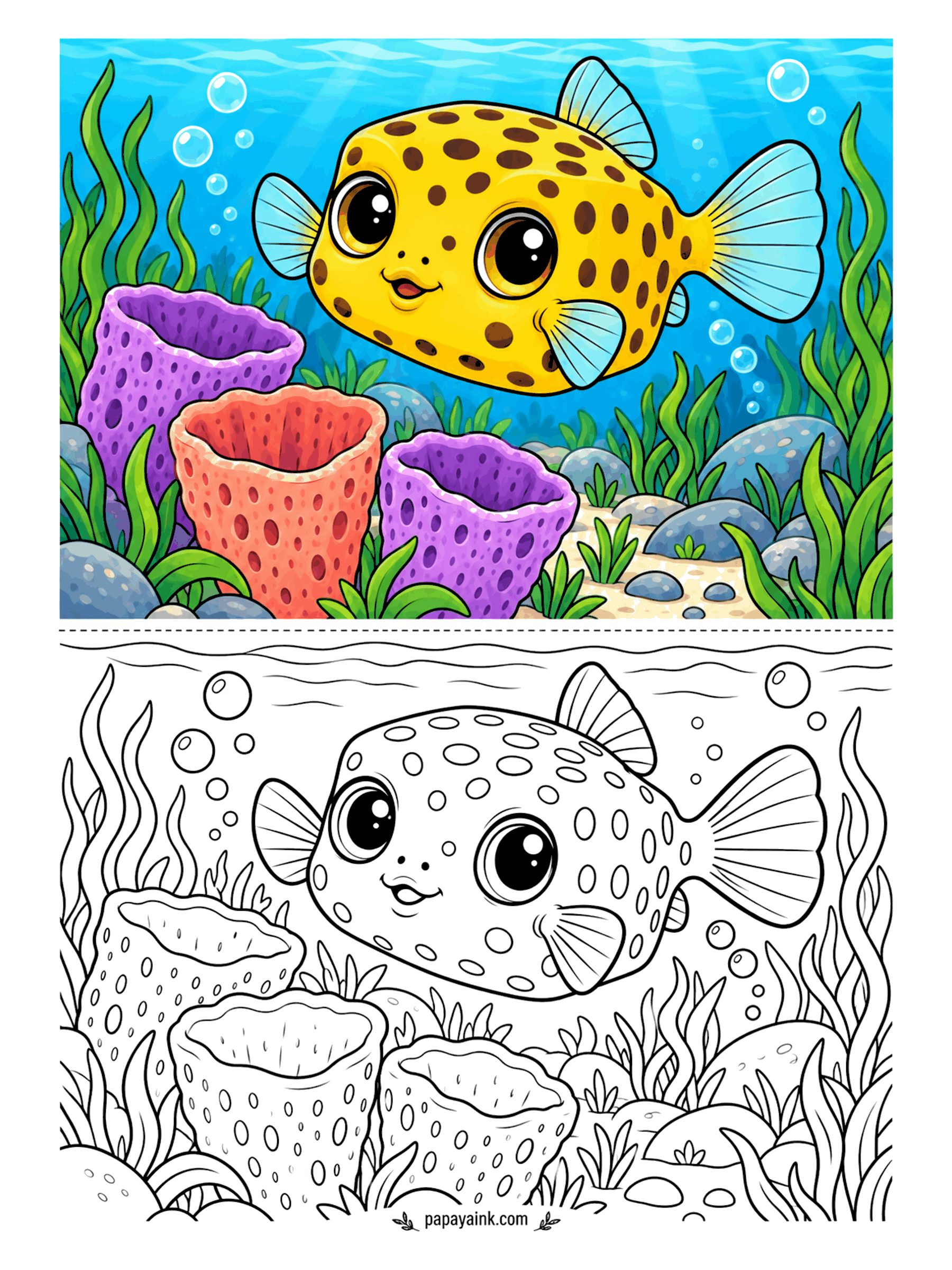 Cute Animal Coloring Pages - Shaped like a box and spotted like dice, a yellow boxfish hovers over purple and coral-red sponges with bubbles drifting up. Its body is rigid, so it swims by fluttering its little fins. Sunny yellow, black dots, pale blue fins.