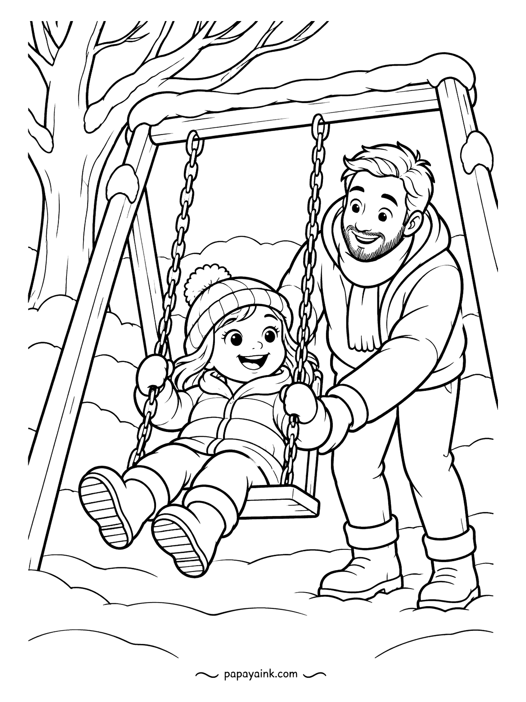 Free Printable Winter Coloring Pages - Higher, says the face; one more, says the dad. Chains, a snow-capped frame and a bare tree over the swing set, with drifts along the ground. Chains in gray, the rest in whatever the two of them would pick.