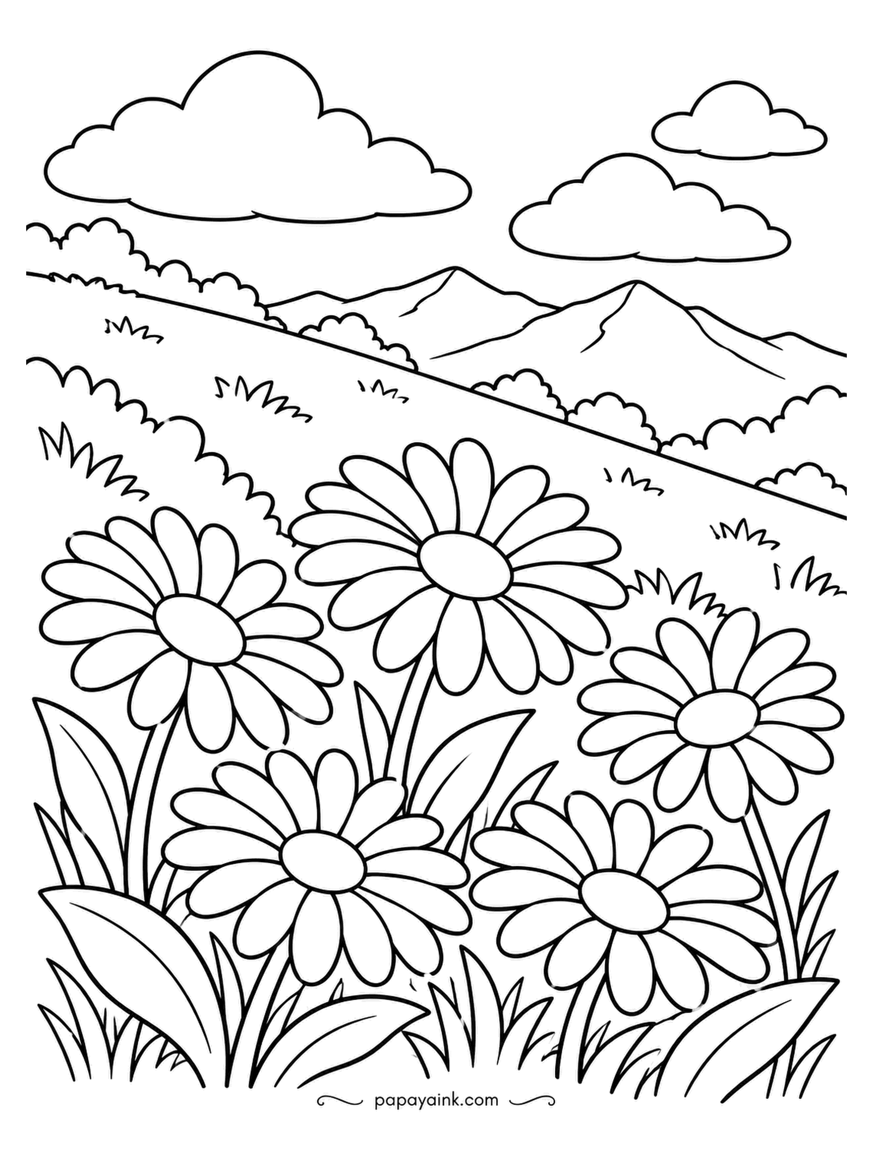 Nature Coloring Pages - Oxeye daisies claim a whole hillside in early summer and this slope surrendered completely. Mountains and clouds sit at the back, politely out of the way. Yellow centers, untouched petals, and every green you have for the rest.