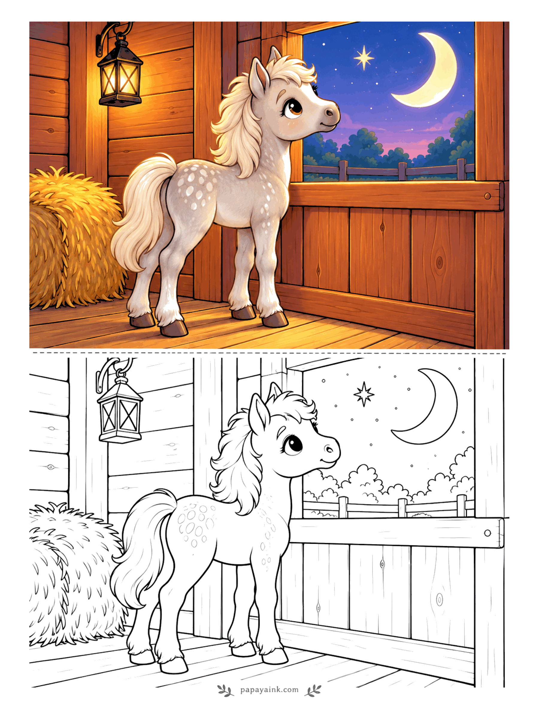 Cute Horse Coloring Pages - Bedtime in the stable. A dapple foal looks out the window at a crescent moon and one big star while a lantern glows beside the hay. Go dark blue in the window and warm orange on the wood.
