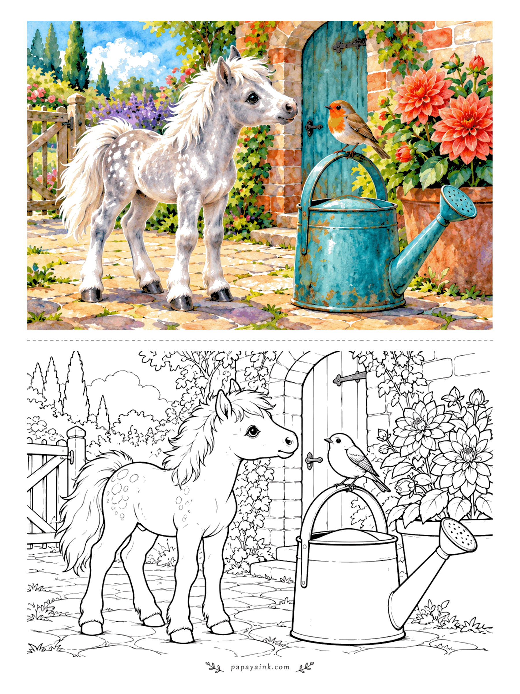 Cute Horse Coloring Pages - The robin has claimed the watering can and does not look ready to share it. A dapple grey foal eyes the bird by the cottage door with dahlias leaning in from the pot. Rusty teal for the can, pale grey for the coat.