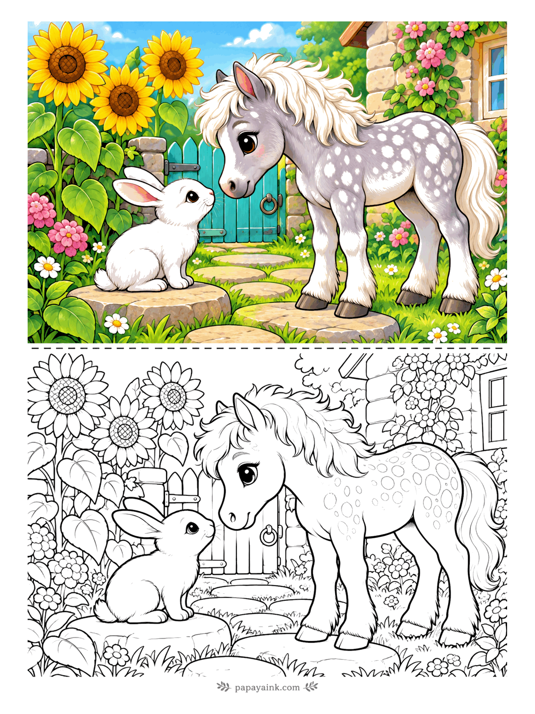 Cute Horse Coloring Pages - Someone small is waiting on the stepping stones. The dappled grey foal lowers her head to meet a white bunny by the garden gate, sunflowers towering over both. The dapples stay white - shade around them.