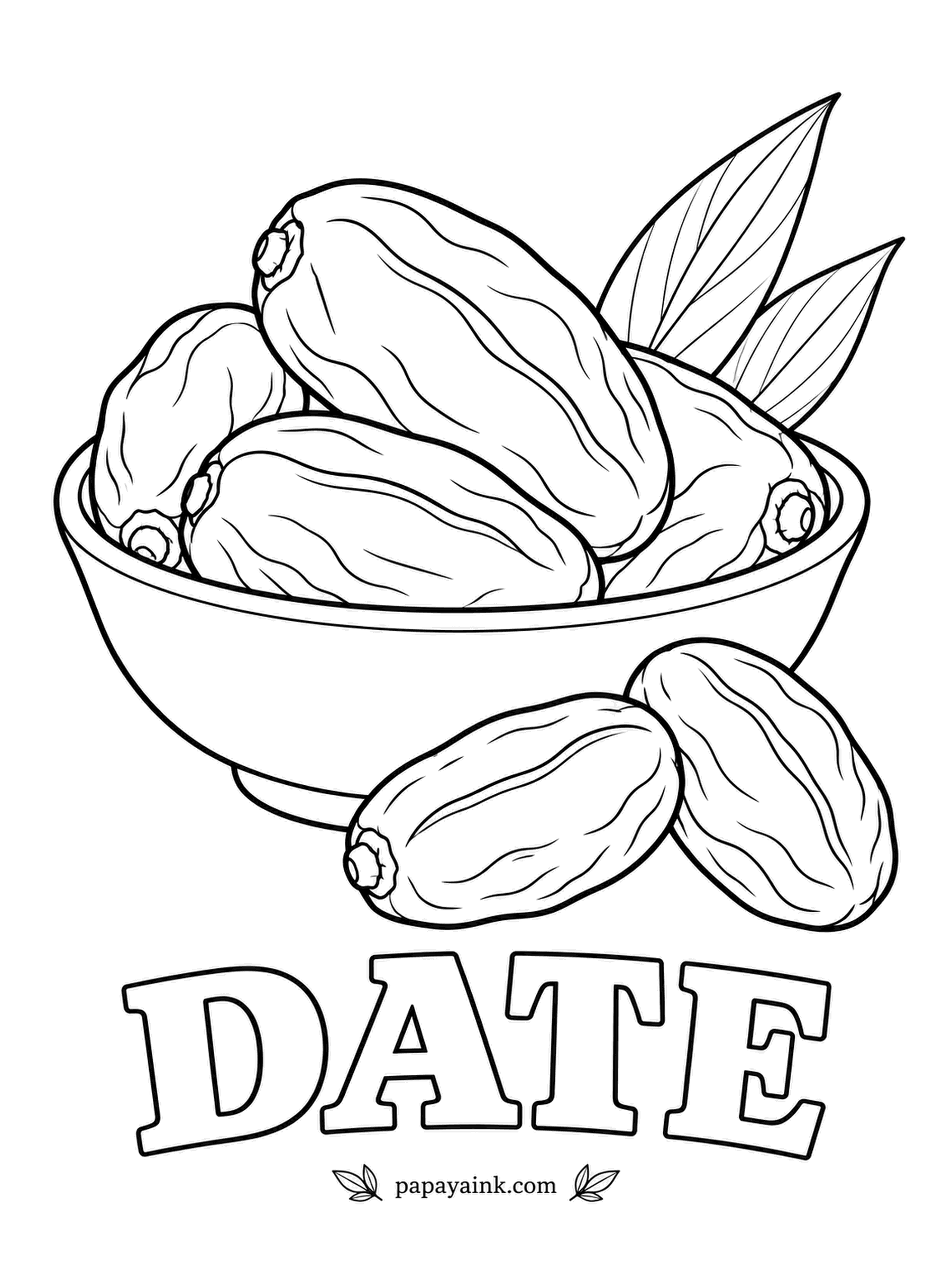 Printable Fruit Coloring Pages - Dates fresh from the palm, wrinkled and glossy, with a few palm fronds behind the bowl. Ripe dates run from amber to deep mahogany brown, and the wrinkles are where a darker shade belongs.
