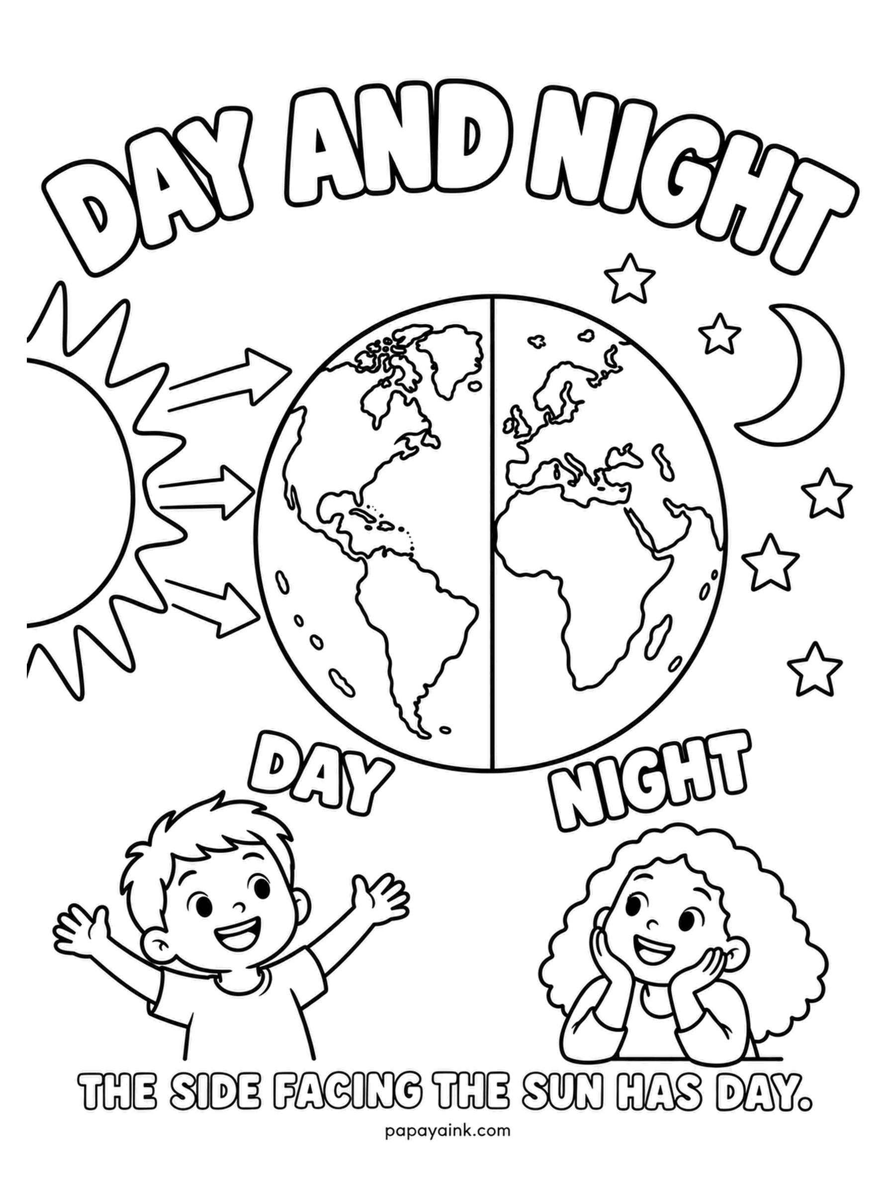 Earth Coloring Pages - Half the planet faces the sun and has day, the other half faces away and has night, and the line between them never stops moving. One child waves at noon, the other dreams under the moon. Warm wash for day, indigo for night.