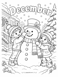 December Coloring Pages - The word December hangs over a snowman who is getting dressed by committee: he fixes the carrot, she settles the striped scarf, and the top hat with its holly sprig was clearly chosen first. Leave the snow white and spend the color on the knitwear.