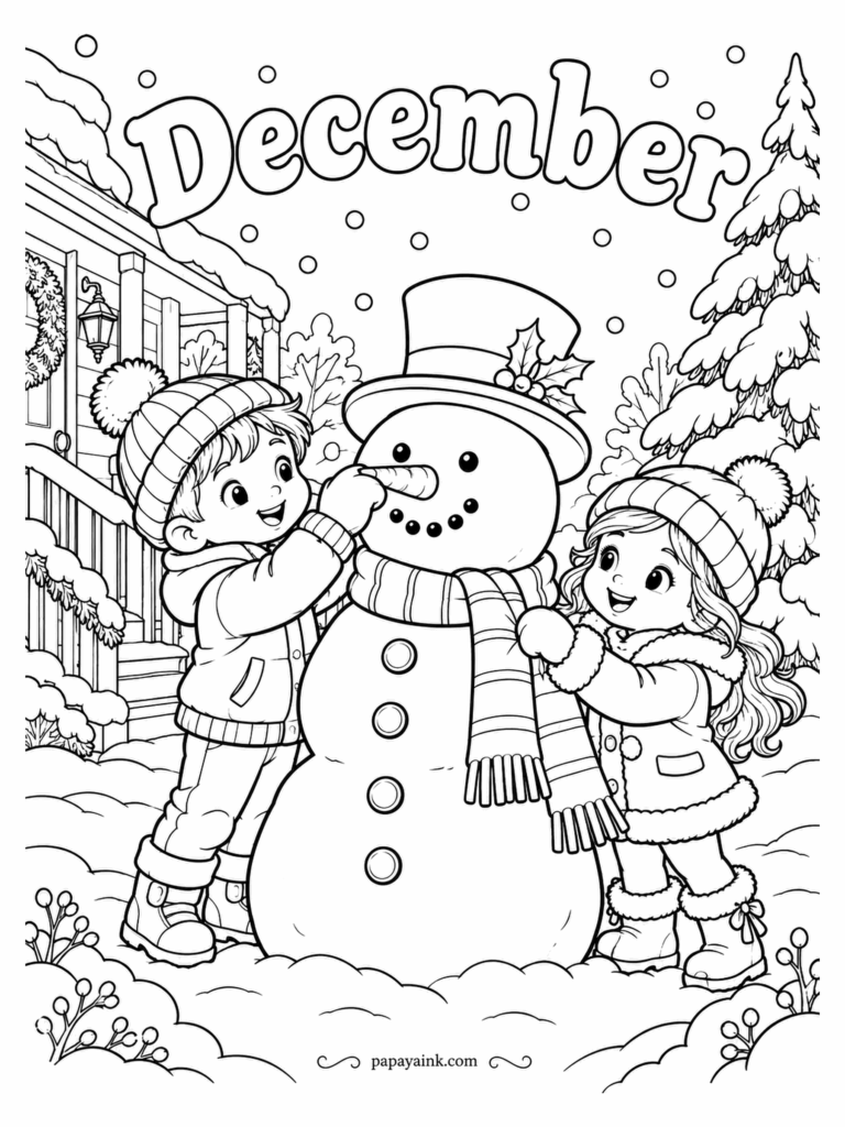 December Coloring Pages - The word December hangs over a snowman who is getting dressed by committee: he fixes the carrot, she settles the striped scarf, and the top hat with its holly sprig was clearly chosen first. Leave the snow white and spend the color on the knitwear.