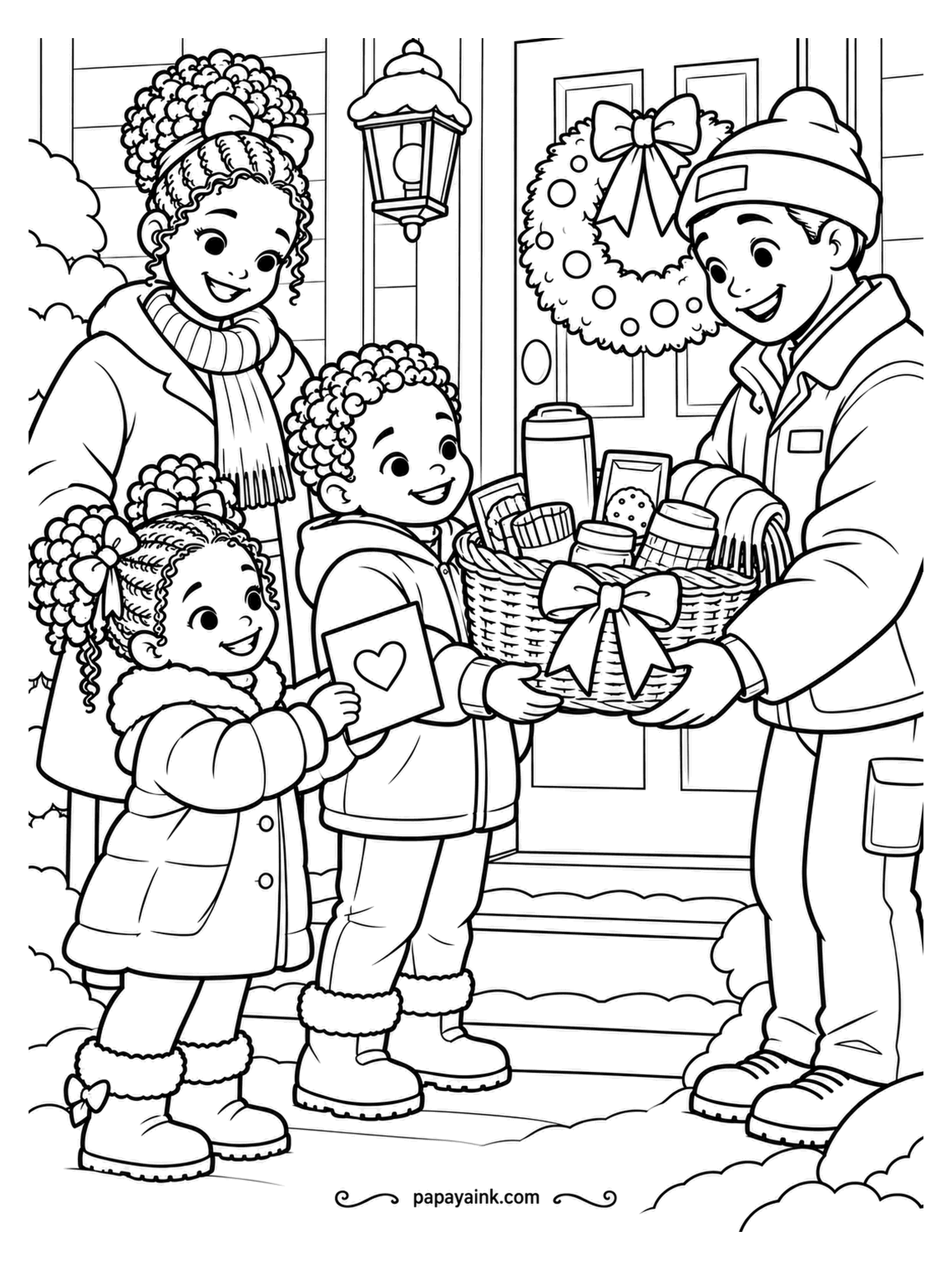 December Coloring Pages - A thank-you basket of cocoa, treats and a folded blanket changes hands on the porch, with a card from the youngest and a bow the size of her head. The recipient looks suitably surprised. Bright ribbon, soft pastels on the parcels inside.