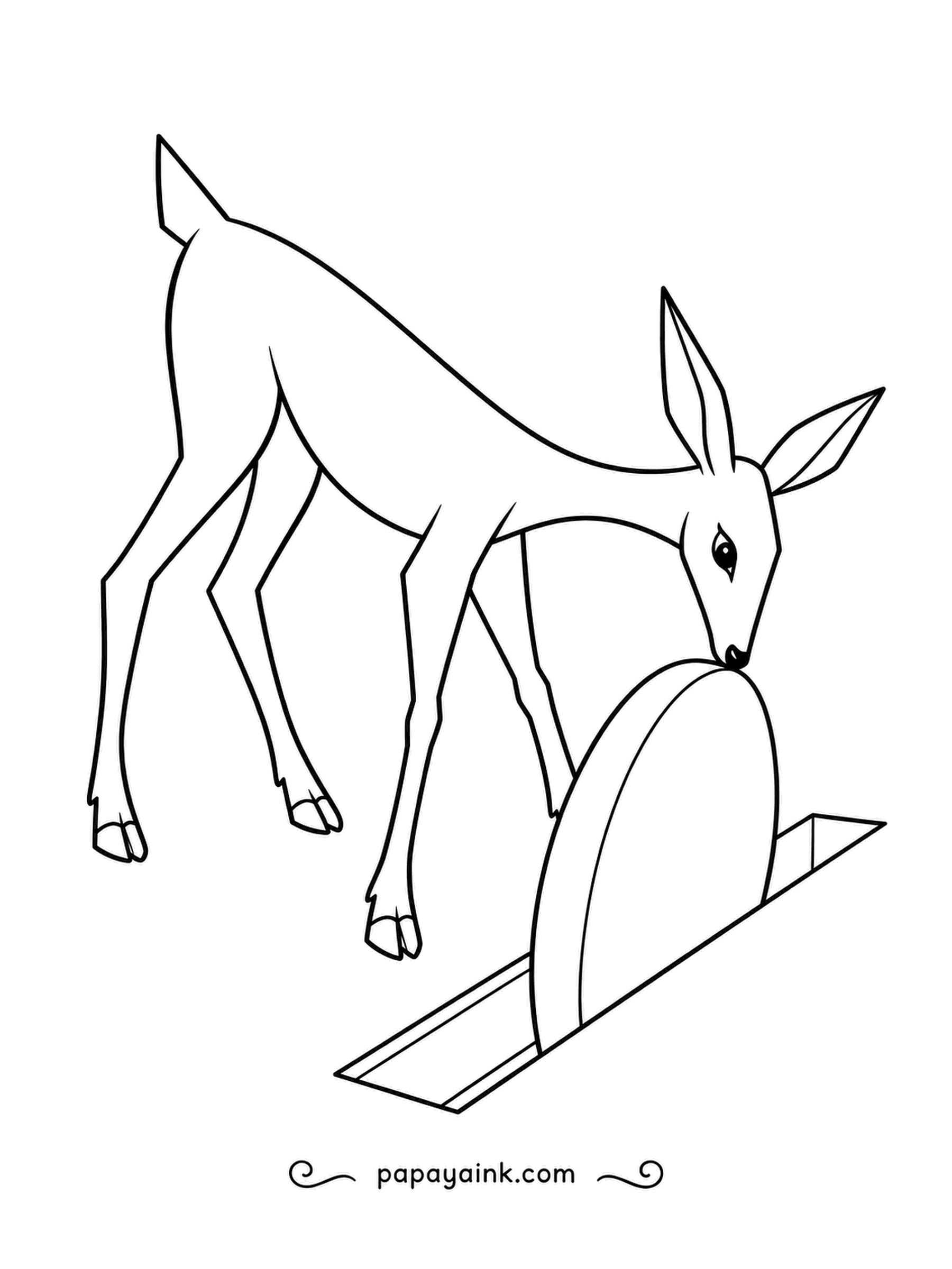 Deer Coloring Pages - A wooden disc stands on edge in a narrow slot, and a deer nudges it to roll it straight down the groove. Long, elegant strokes and lots of white space - a calm, quick sheet.