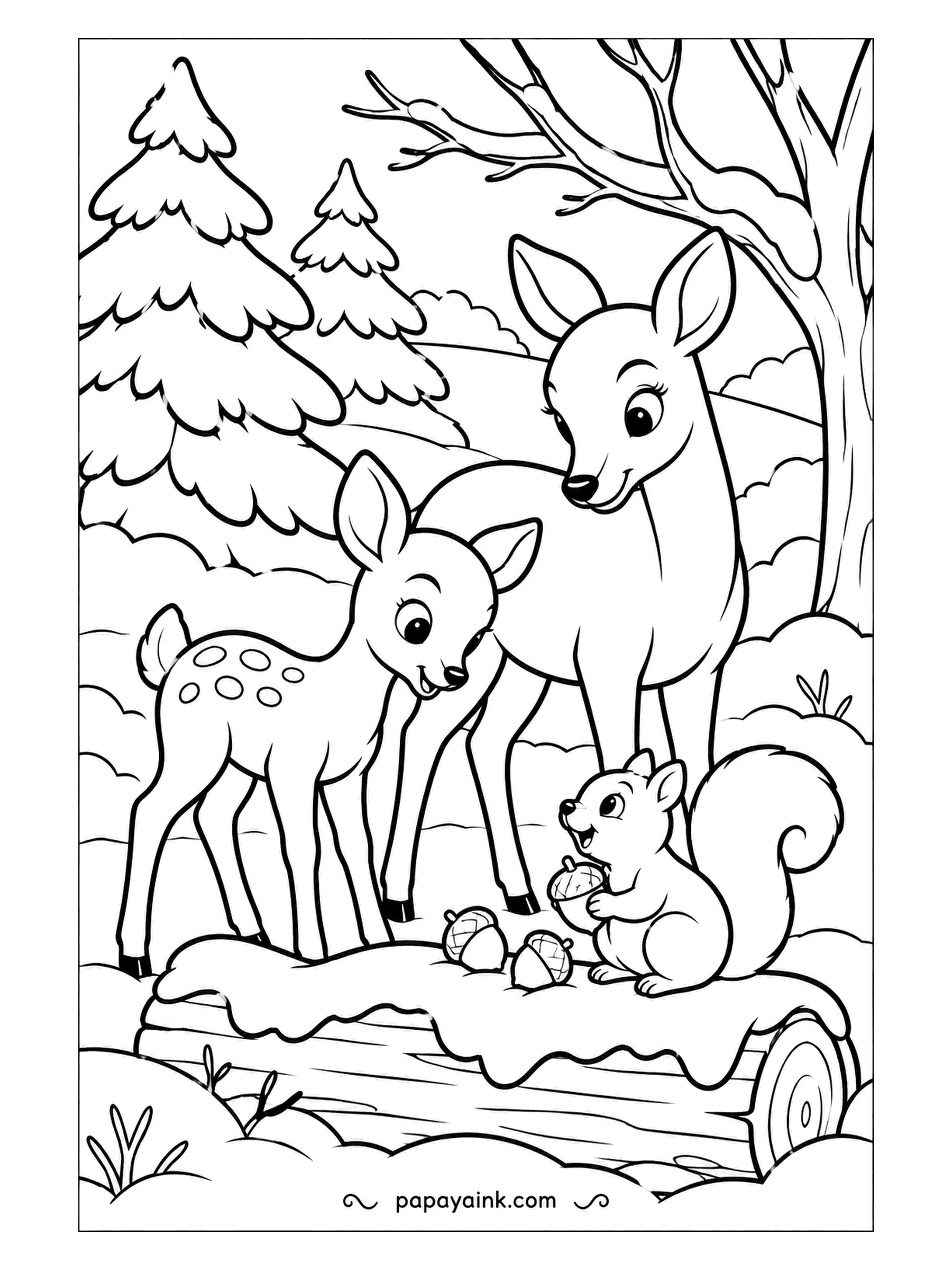 Free Printable Winter Coloring Pages - A doe and her spotted fawn stop at a fallen log where a squirrel is guarding three acorns. Snowy firs and a bare tree close in the clearing. The spots on the fawn are the only pattern here, so make them count.