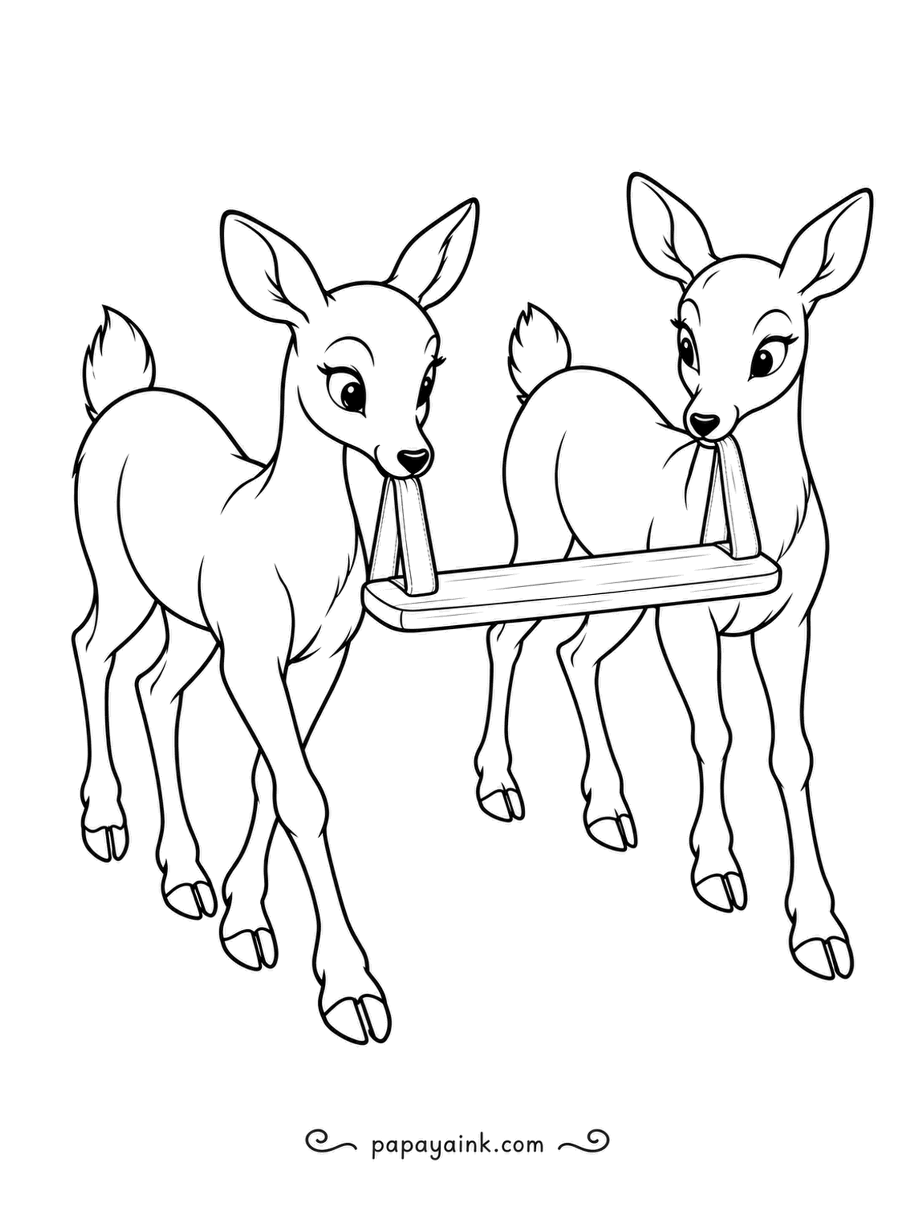 Deer Coloring Pages - Two young deer share the load: a short plank hangs between them on fabric straps, one strap in each mouth, and they walk in perfect rhythm. Clean contours and lots of white space.