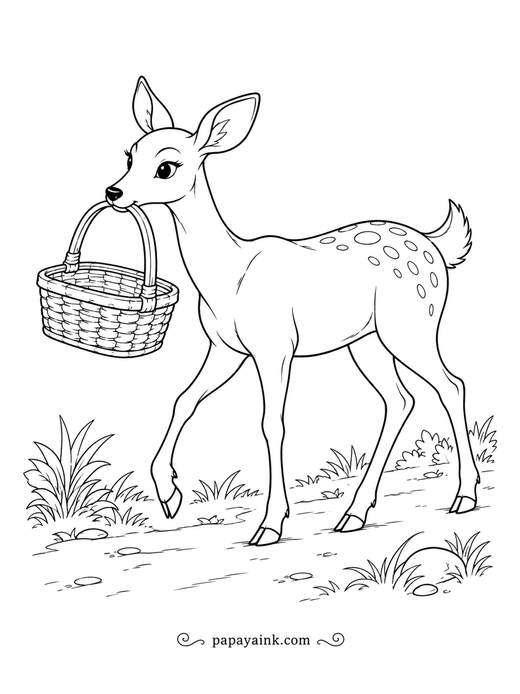 Deer Coloring Pages - Picnic over, basket empty: a spotted fawn trots home with the wicker handle held gently in its mouth. Tufted turf and a dirt path. Golden brown for the basket.