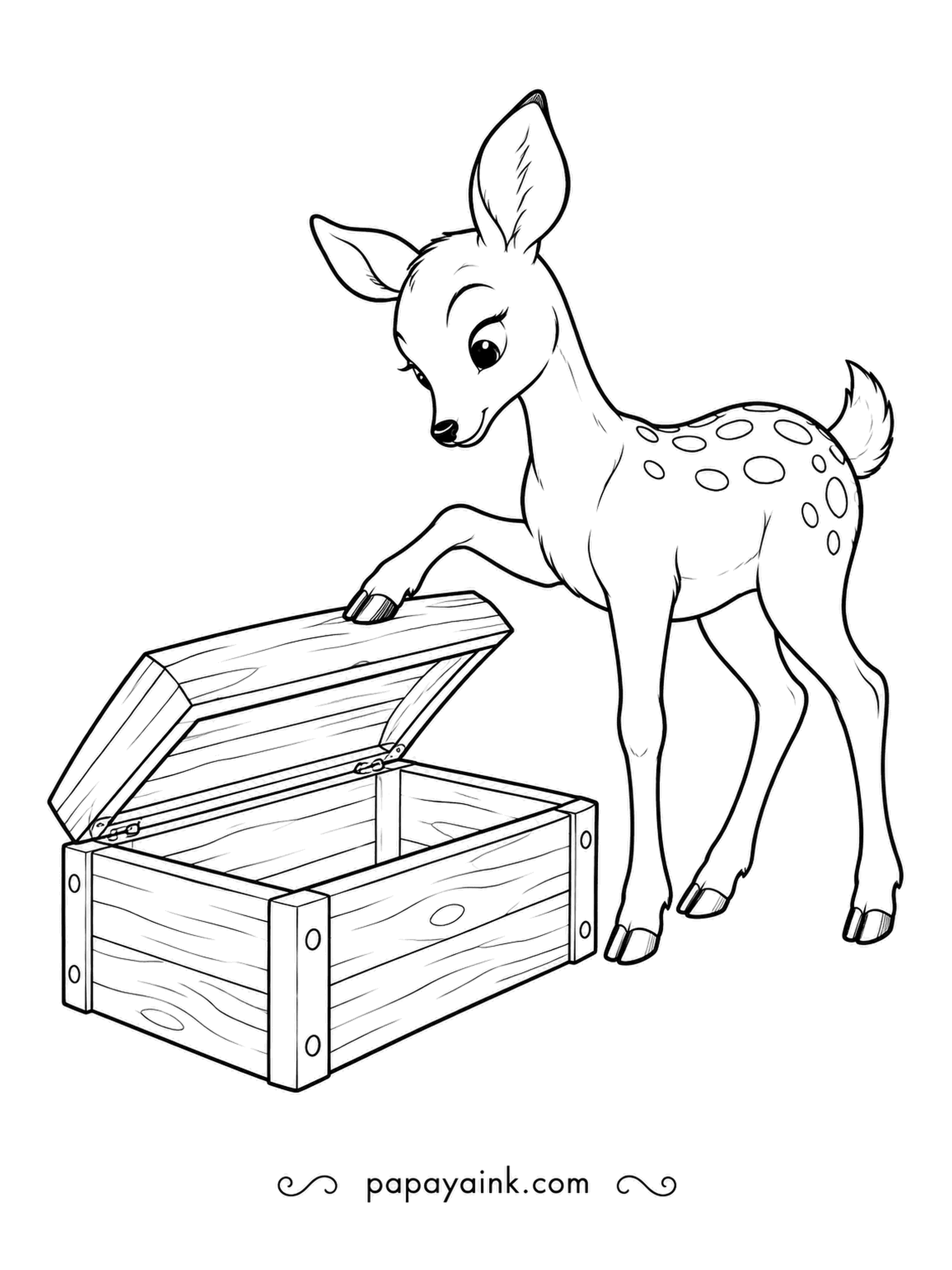 Deer Coloring Pages - Nothing in the treasure chest today, so the spotted fawn lowers the lid with one hoof, just slightly let down. Plank textures and metal corners to color.