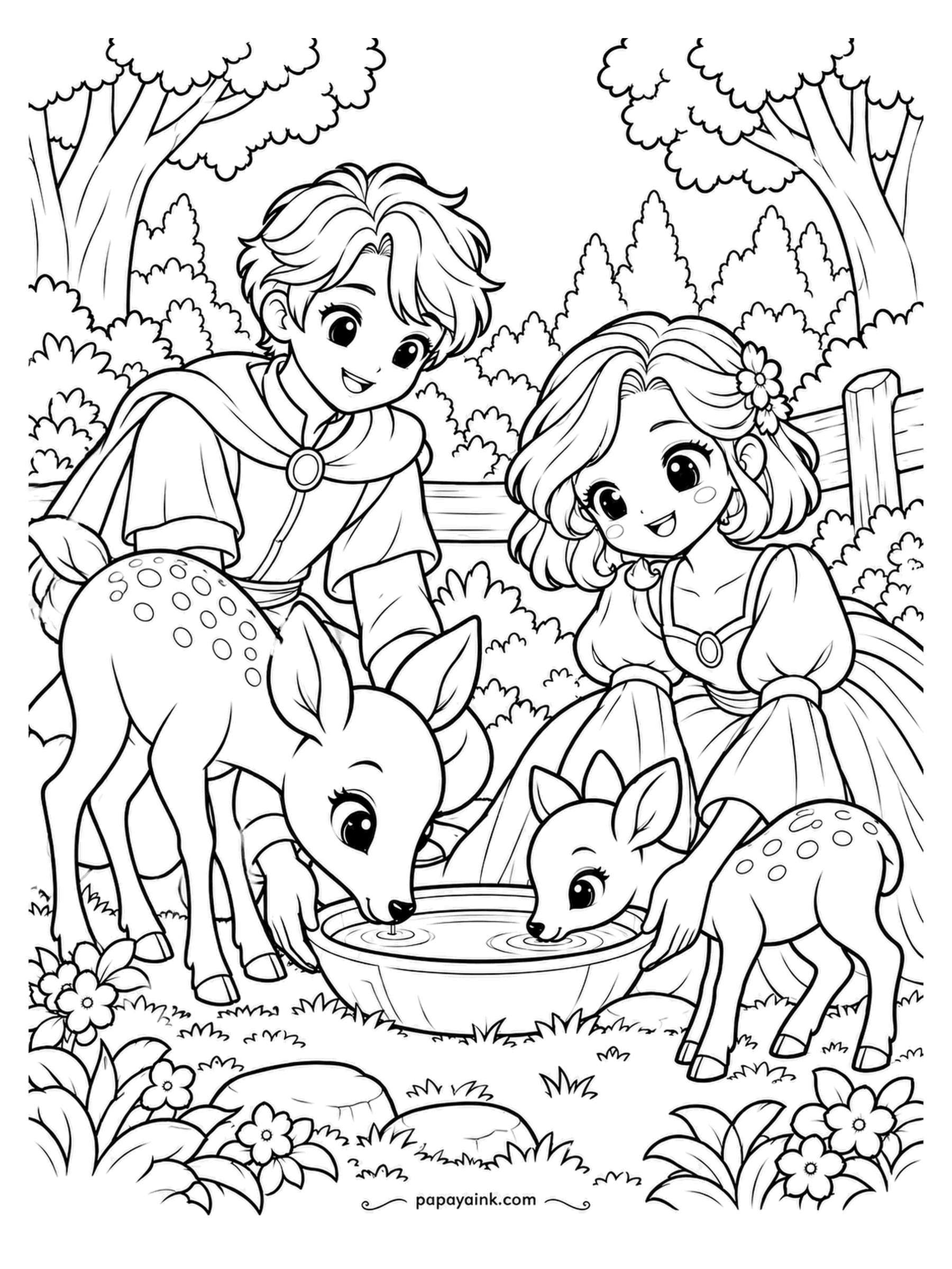 Kawaii Princess Coloring Pages - Two deer at the stone bowl, and nobody is moving. The prince and princess kneel across from them and hold very still while the doe and the fawn drink together. Spots on both deer stay bare; the rest of the coat goes tan.