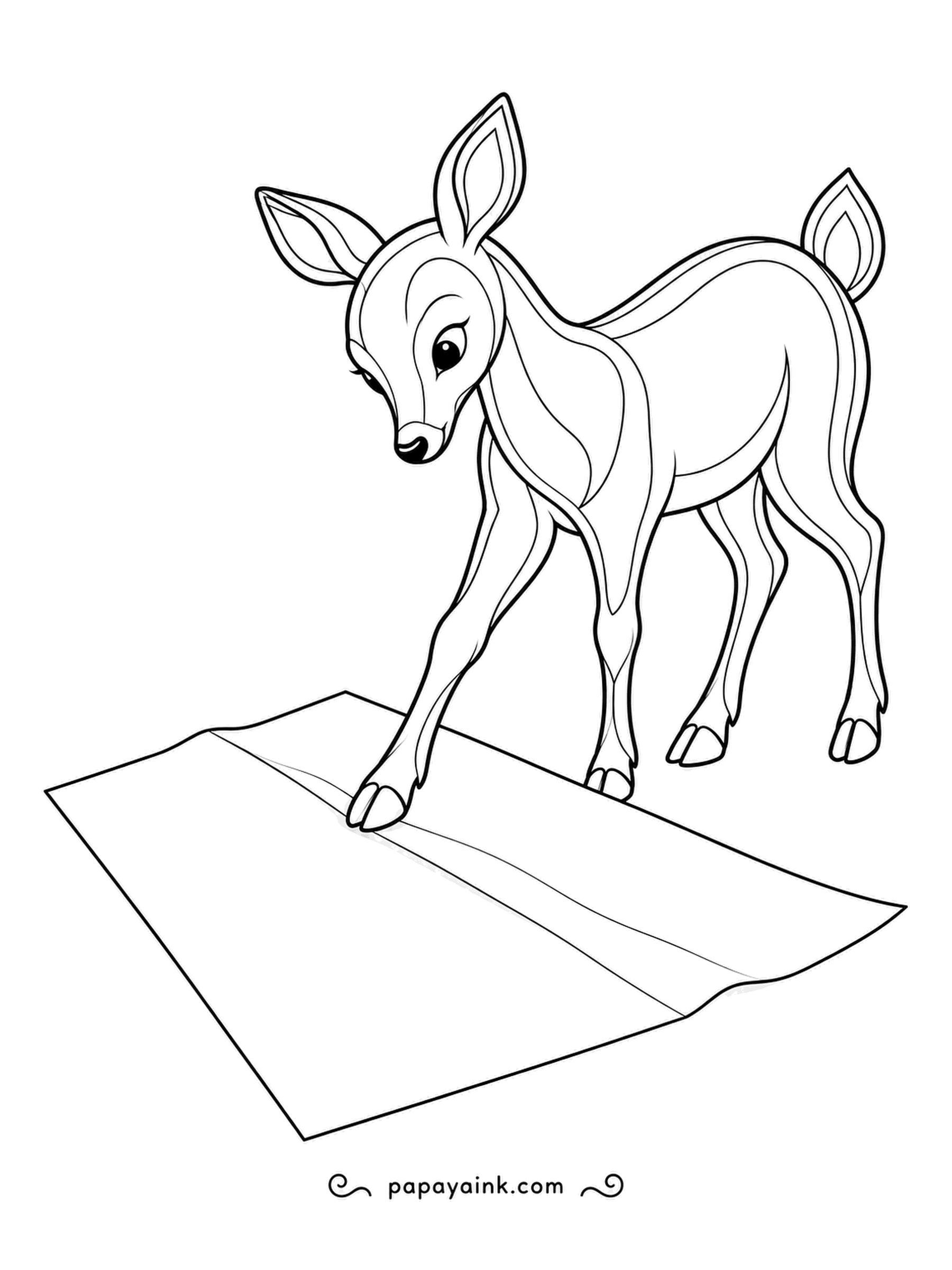Deer Coloring Pages - Folded in half, a large sheet needs a sharp crease, and the deer is running a front foot along the fold to press it flat. Double outlines throughout. Soft pastels for the paper.