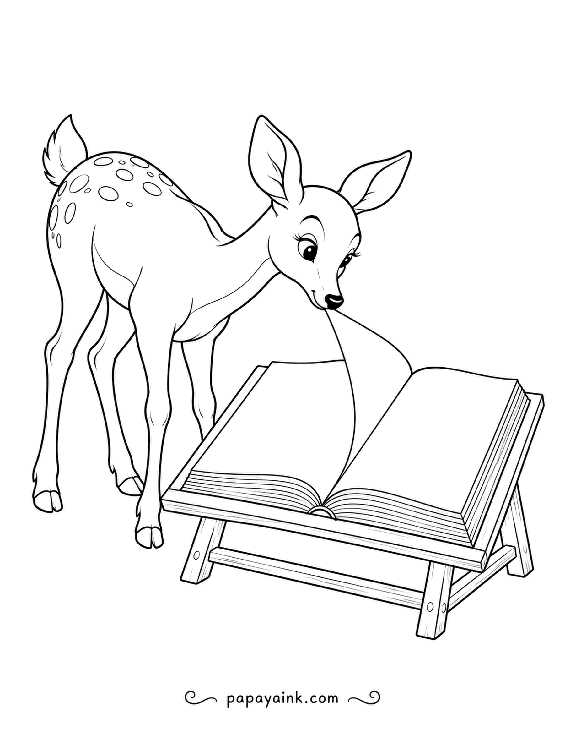Deer Coloring Pages - Story time at the book stand: the fawn turns the next page with a careful muzzle, trying not to tear it. Dots on her back and a thick open book - warm browns and cream.