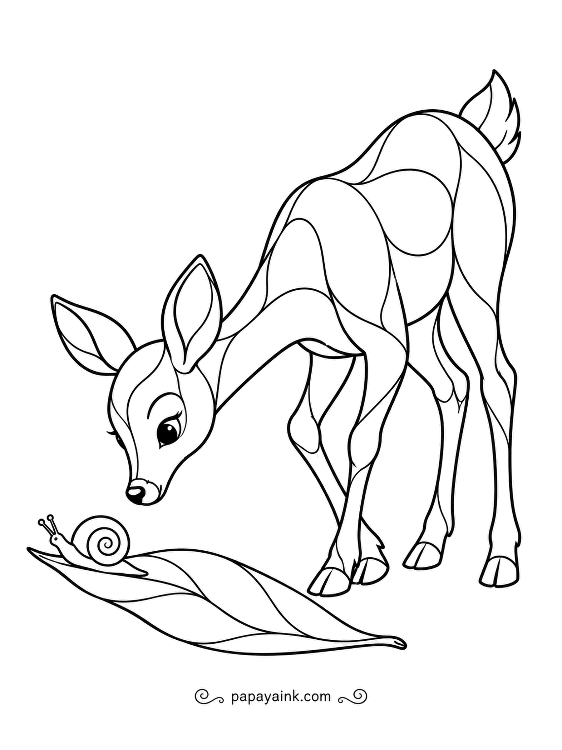 Deer Coloring Pages - A snail is crossing a long blade of foliage at snail speed, and the stained-glass deer bends low to follow every millimeter of the trip. Panels throughout - fresh green for the blade.