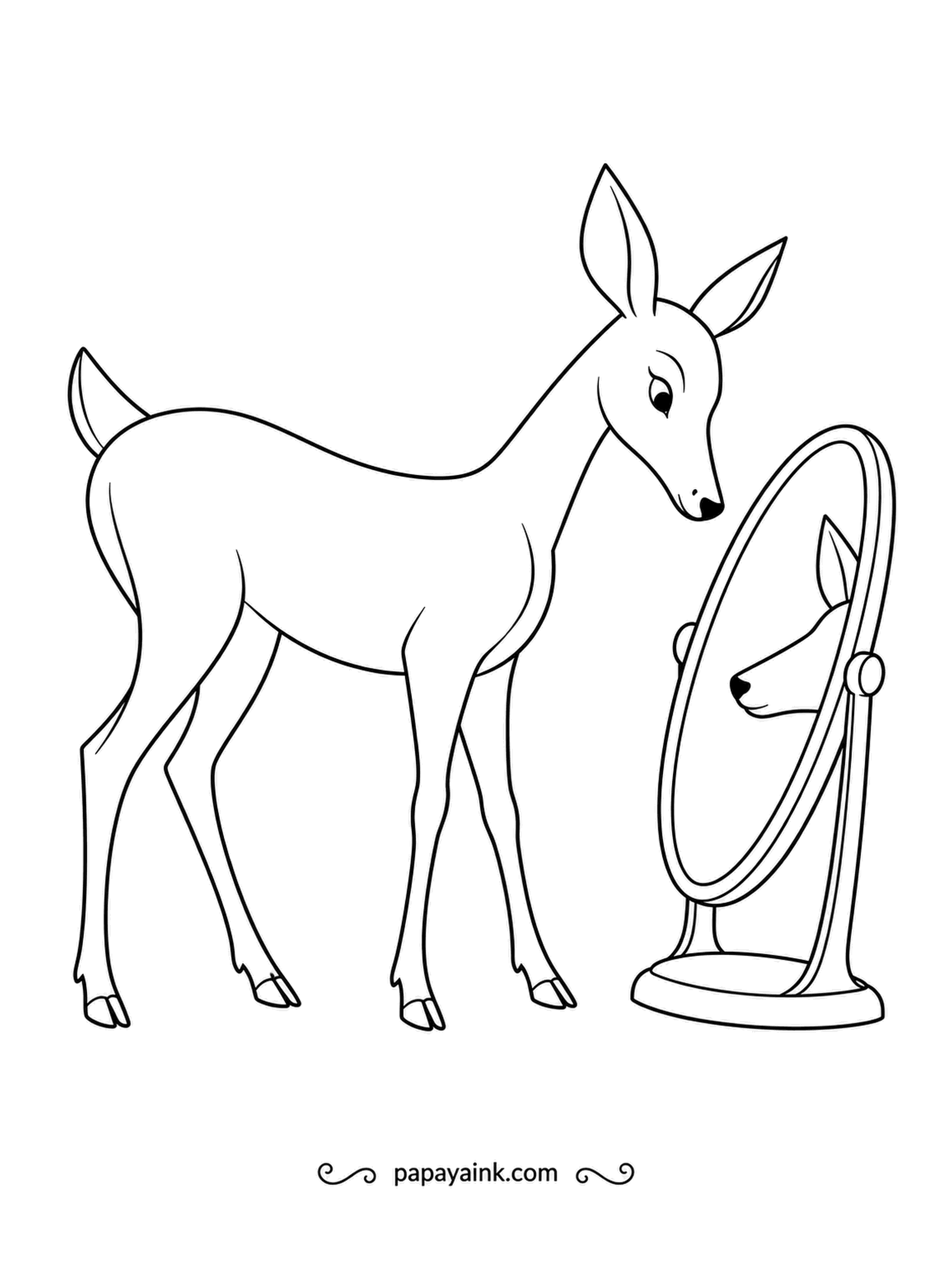 Deer Coloring Pages - A doe meets a reflection in a standing mirror and looks slightly surprised by the visitor. Clean, simple lines - try silver-blue for the glass.