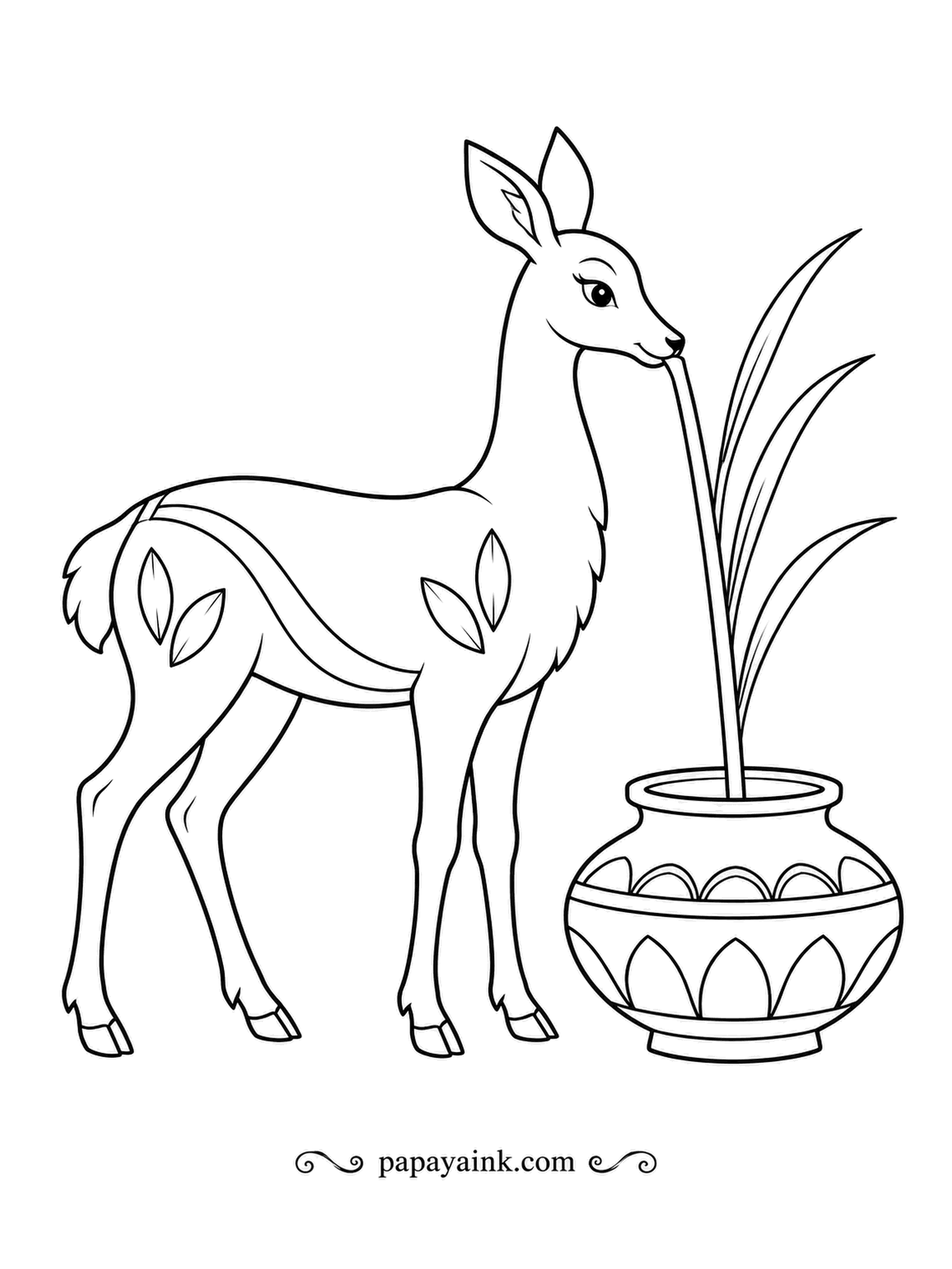 Deer Coloring Pages - Flower-arranging, minimalist edition: a single reed for the patterned vase, and the folk-art deer sets it in place with care. Painted sprigs decorate her side. Earthy tones and a bold vase pattern.