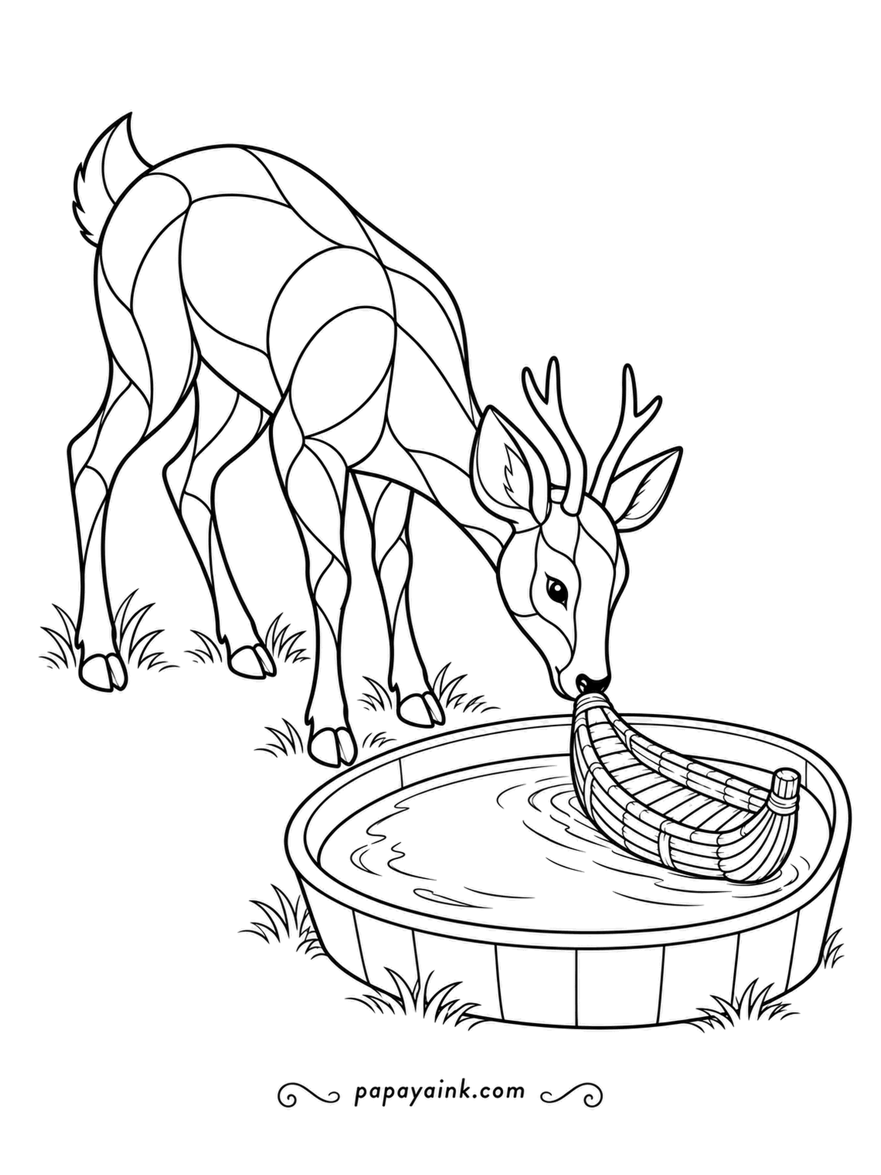 Deer Coloring Pages - A woven reed boat bobs in the wooden tub, and a young buck nudges it across the water. Stained-glass panels in the coat. Blues for the water, straw for the boat.