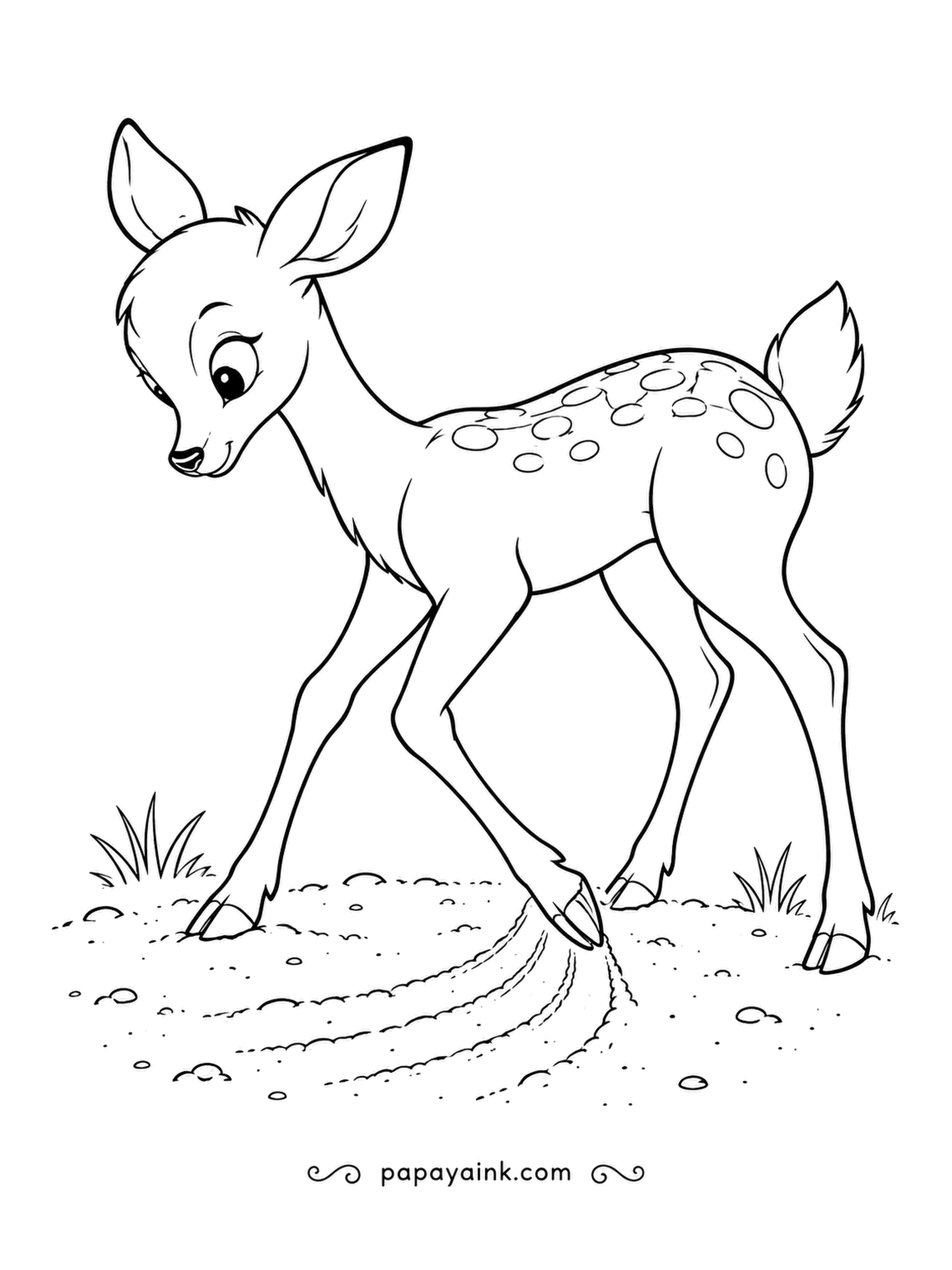 Deer Coloring Pages - Sandy art: a sweeping front foot leaves a fan of curved grooves behind. Deer paw the ground to uncover food or mark a spot. Spots, grass tufts and sandy ground.