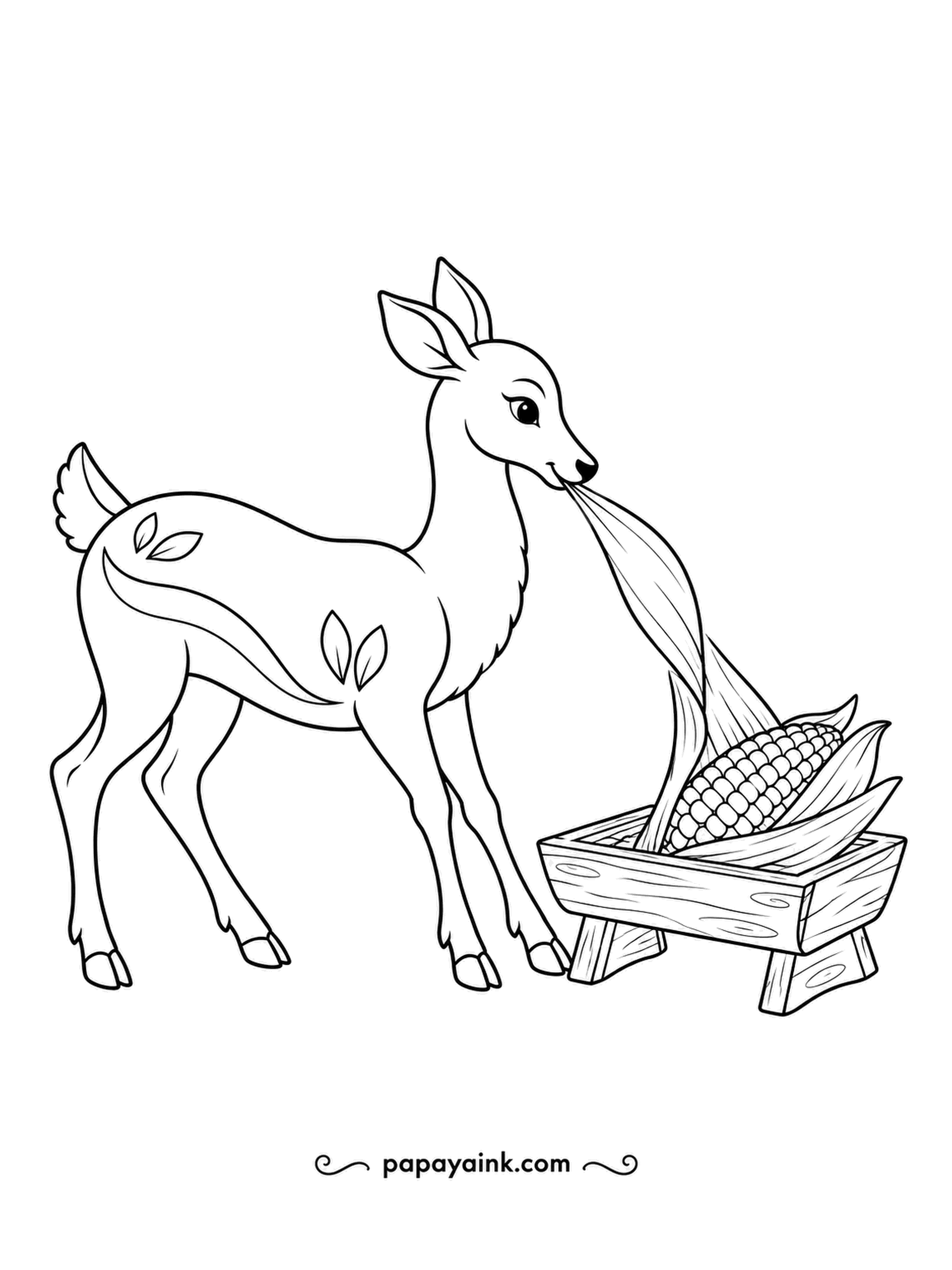 Deer Coloring Pages - Corn husks peel off in long papery strips, and this folk-art deer is stripping one from an ear in the wooden trough. Leaf motifs on the coat. Golden kernels and green husks.