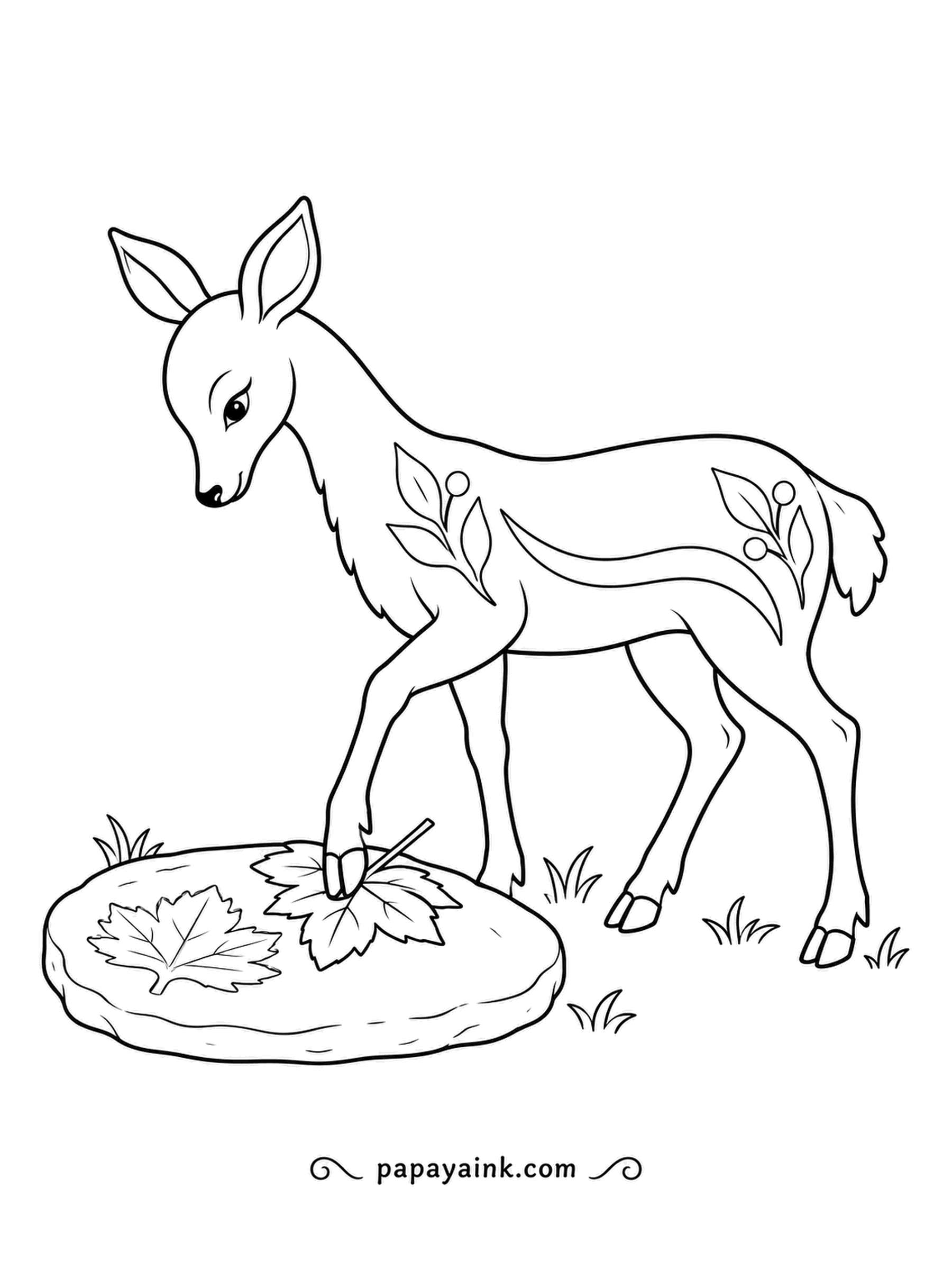 Deer Coloring Pages - A leaf pressed into a soft clay slab, leaving every vein behind as a print. The folk-art deer already has a row of finished prints. Earthy tones throughout.