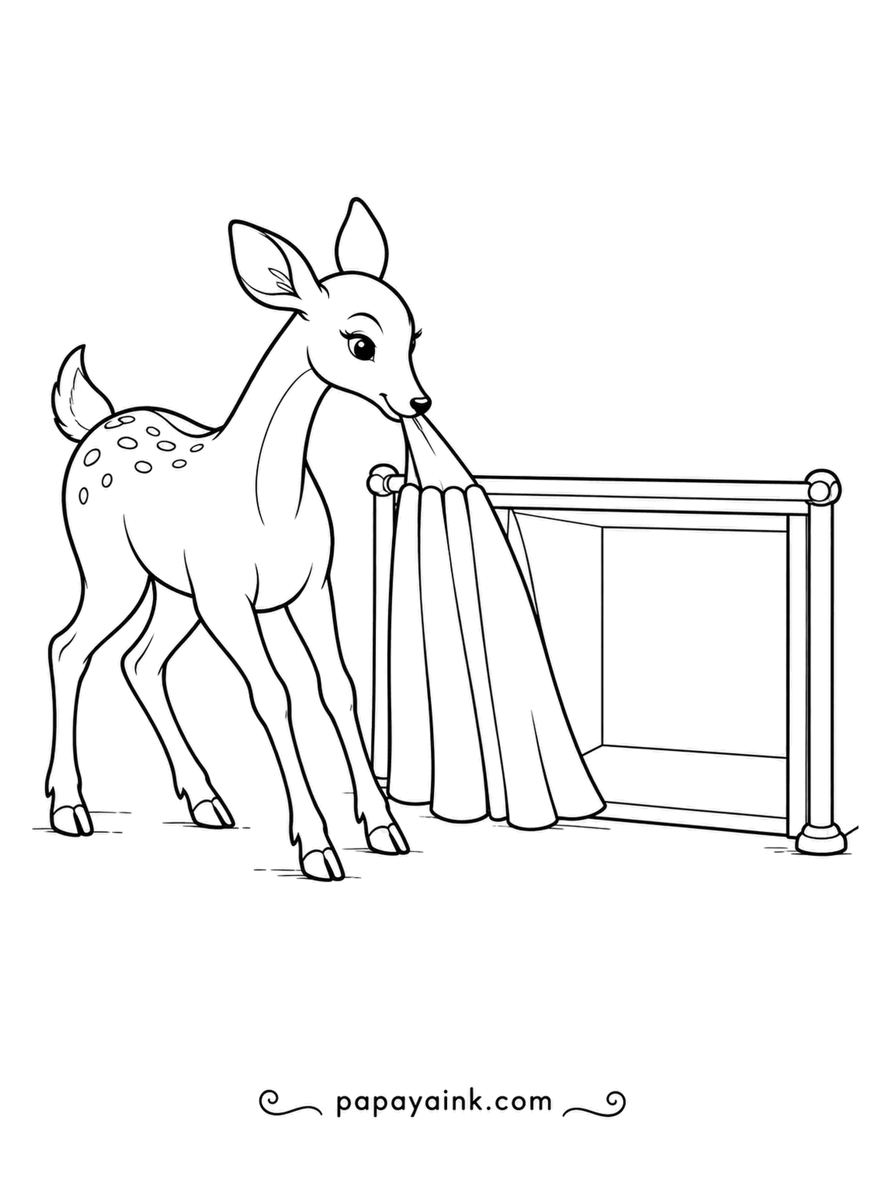Deer Coloring Pages - Showtime: a spotted youngster draws back the curtain of a little stage with its teeth. Nobody knows what is behind it yet. Plain shapes and a bright curtain.