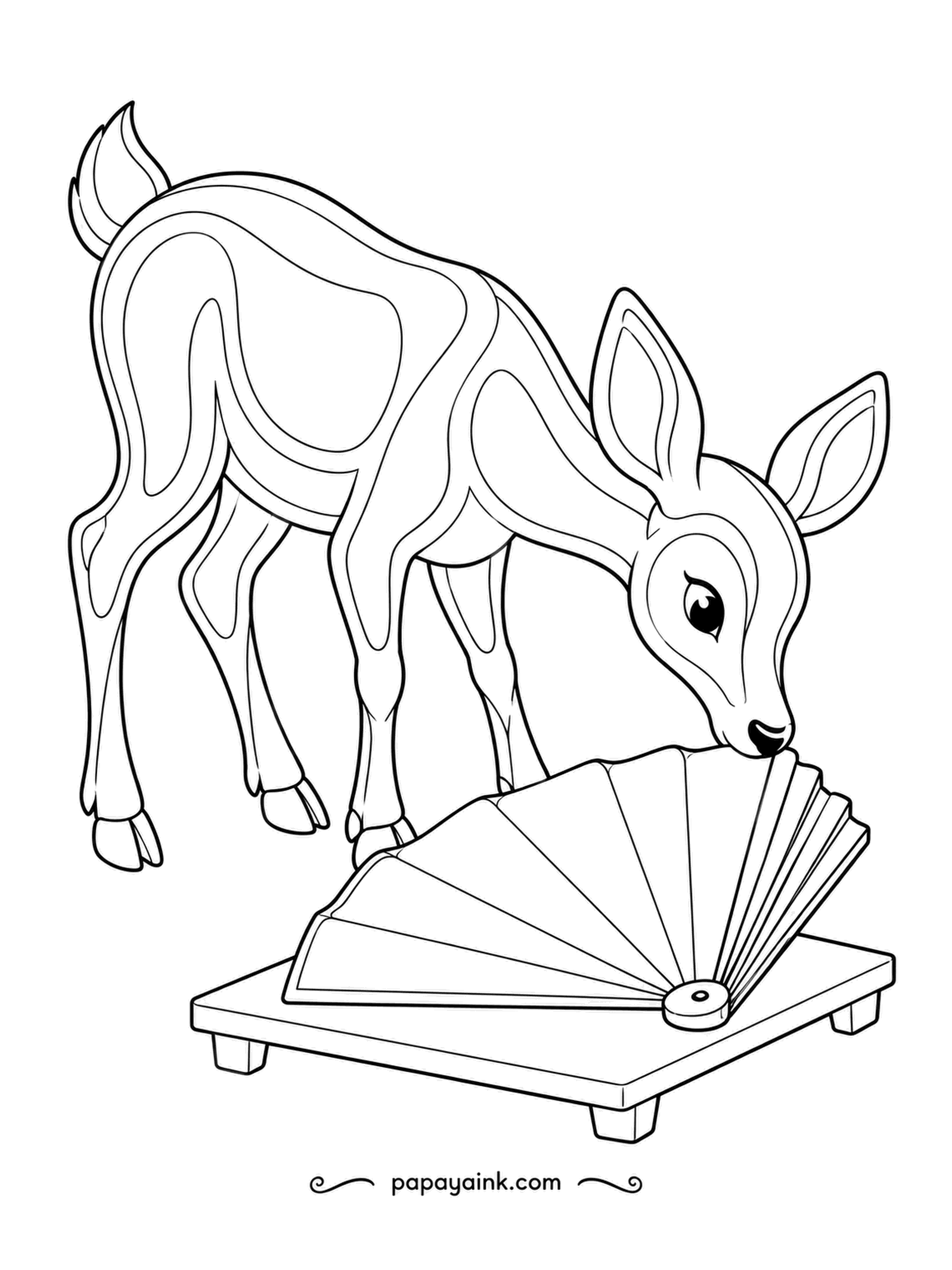 Deer Coloring Pages - A pleated fan lies open on a low stand, and a deer folds it shut one rib at a time with its nose. Double contours throughout - alternate colors across the pleats.