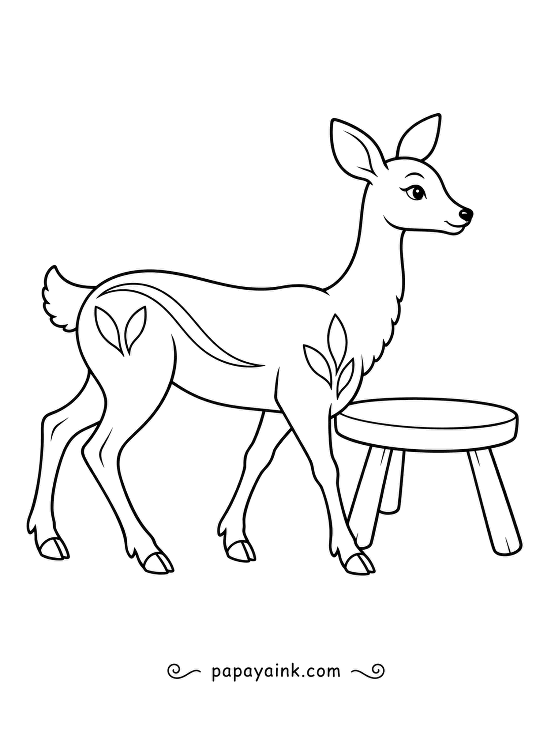 Deer Coloring Pages - The folk-art deer leans into a three-legged stool and slides it across the floor, shoulder first. Sprig motifs along its side; warm wood for the seat.