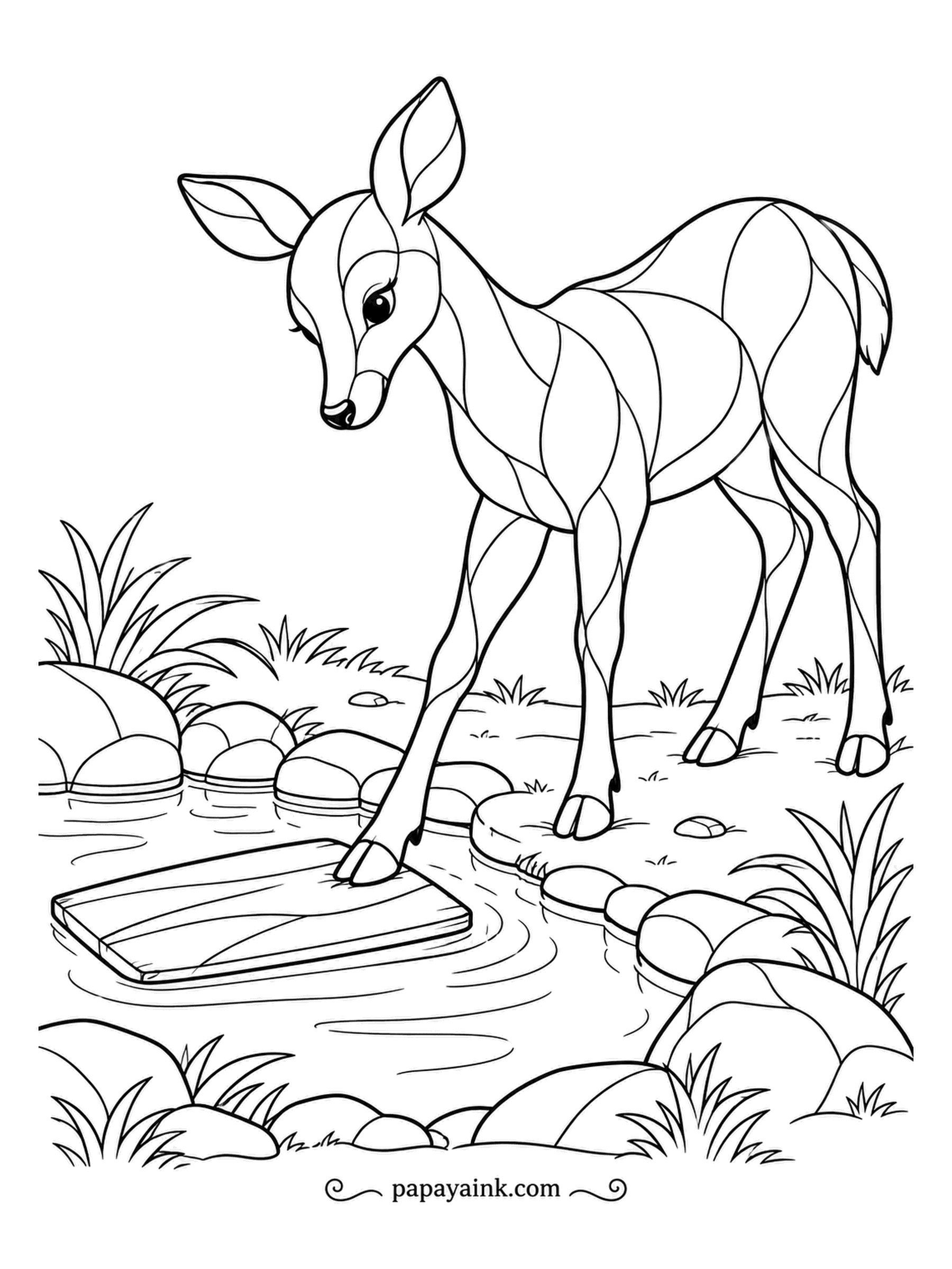 Deer Coloring Pages - A board floats at the edge of the stream, and a curious doe tests it with one hoof before trusting it. Rocks, grasses and ripples frame the scene. Stained-glass panels throughout the body.