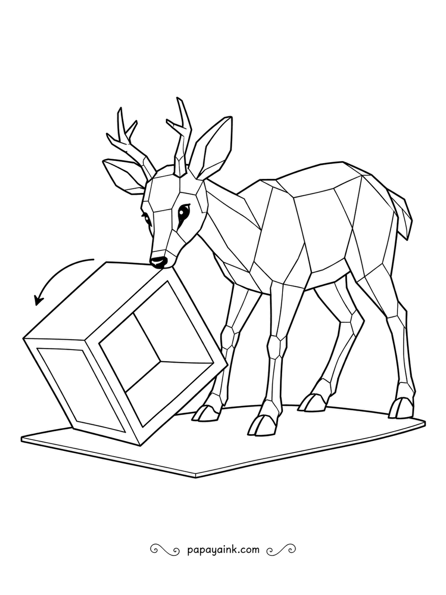 Deer Coloring Pages - A hollow cube tipped onto its next face, an arrow showing the direction: the faceted buck is rolling it along like a giant die. Angular planes from antlers to hooves.