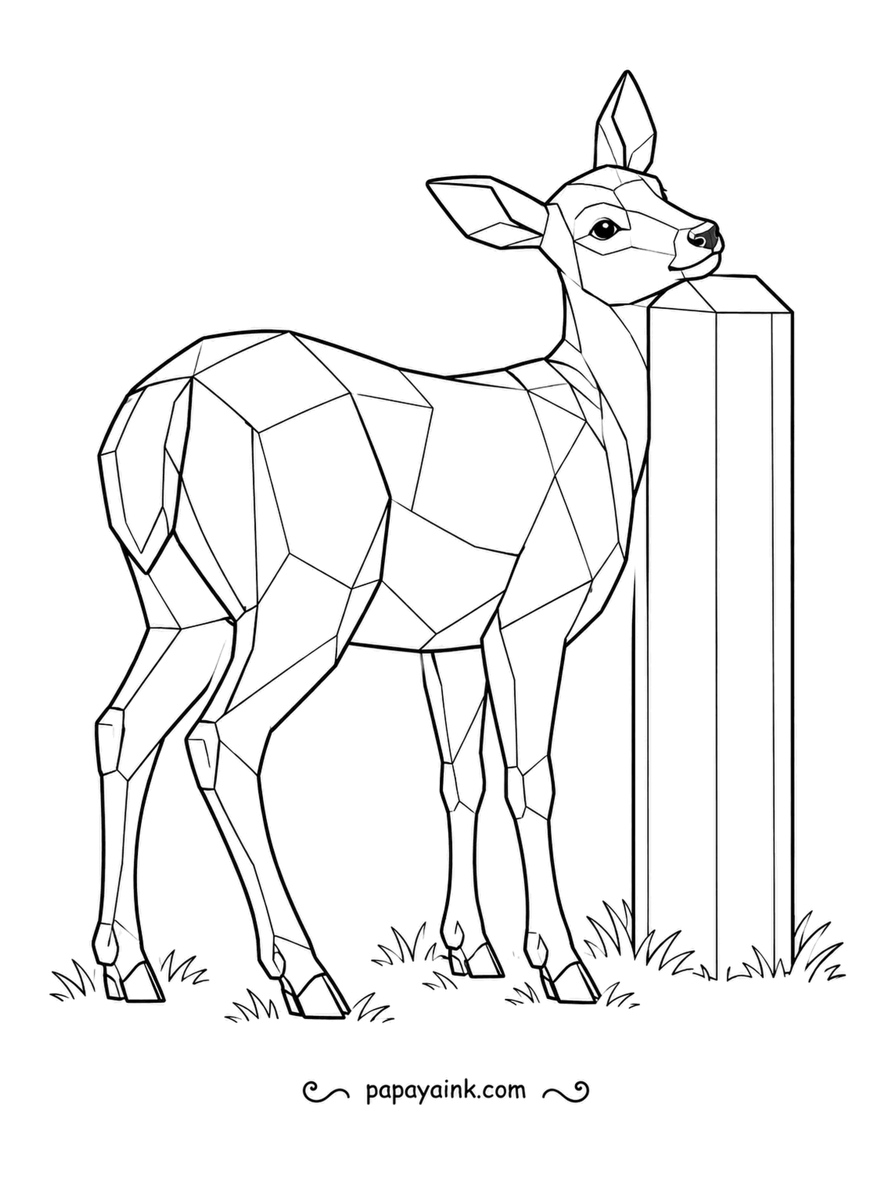 Deer Coloring Pages - Rubbing against posts and saplings is how deer scratch an itch, and the scent glands on their face leave a message for other deer. This faceted doe leans her neck into a tall post. Crisp planes throughout.
