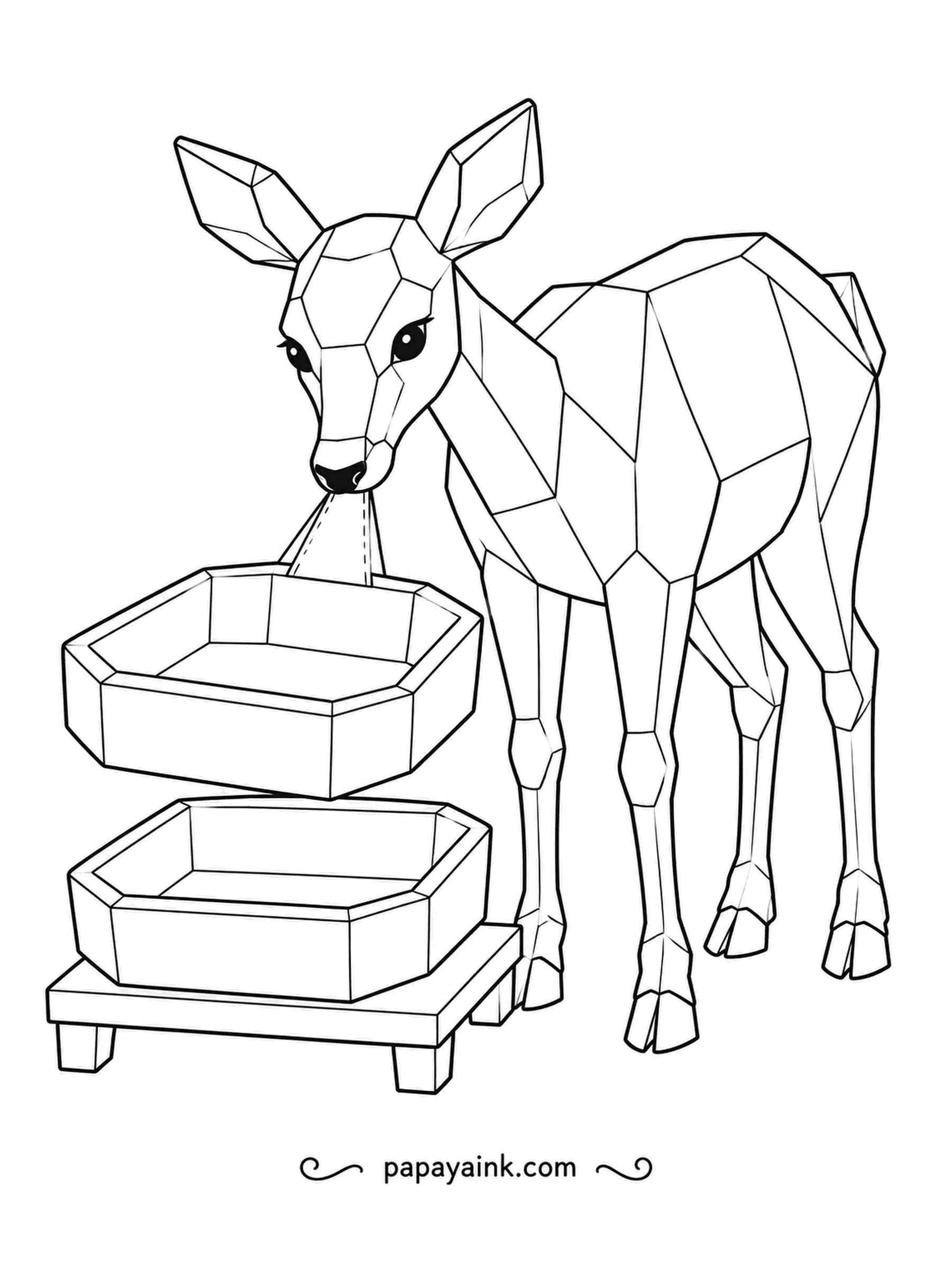 Deer Coloring Pages - Hexagonal trays stacked one inside the other, and a faceted deer lifting the top one off by its strap. Crisp planes on the deer and trays alike.