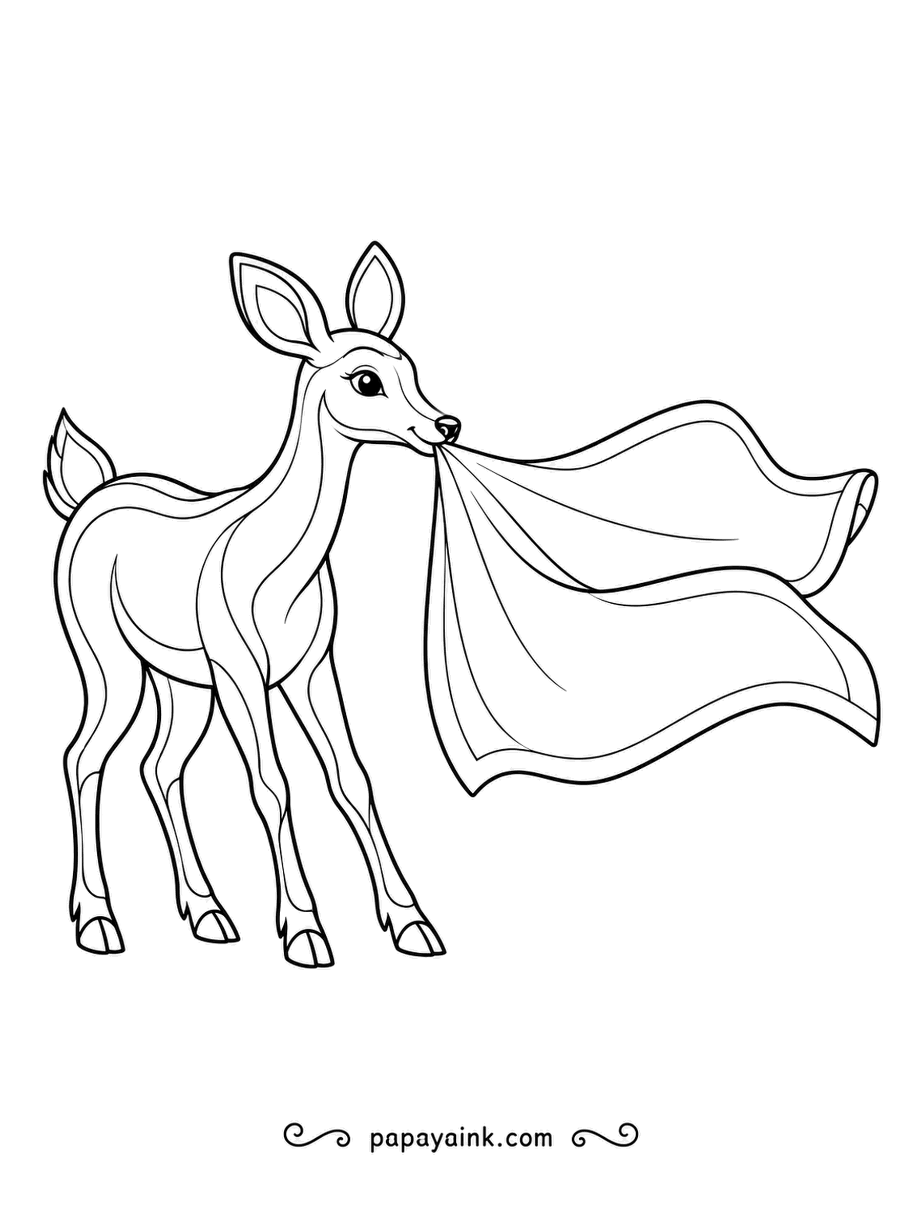 Deer Coloring Pages - Laundry shake: a single flick and the folded cloth billows like a flag. The double-outlined deer holds on with its teeth while the fabric ripples. Try a pattern on the cloth.