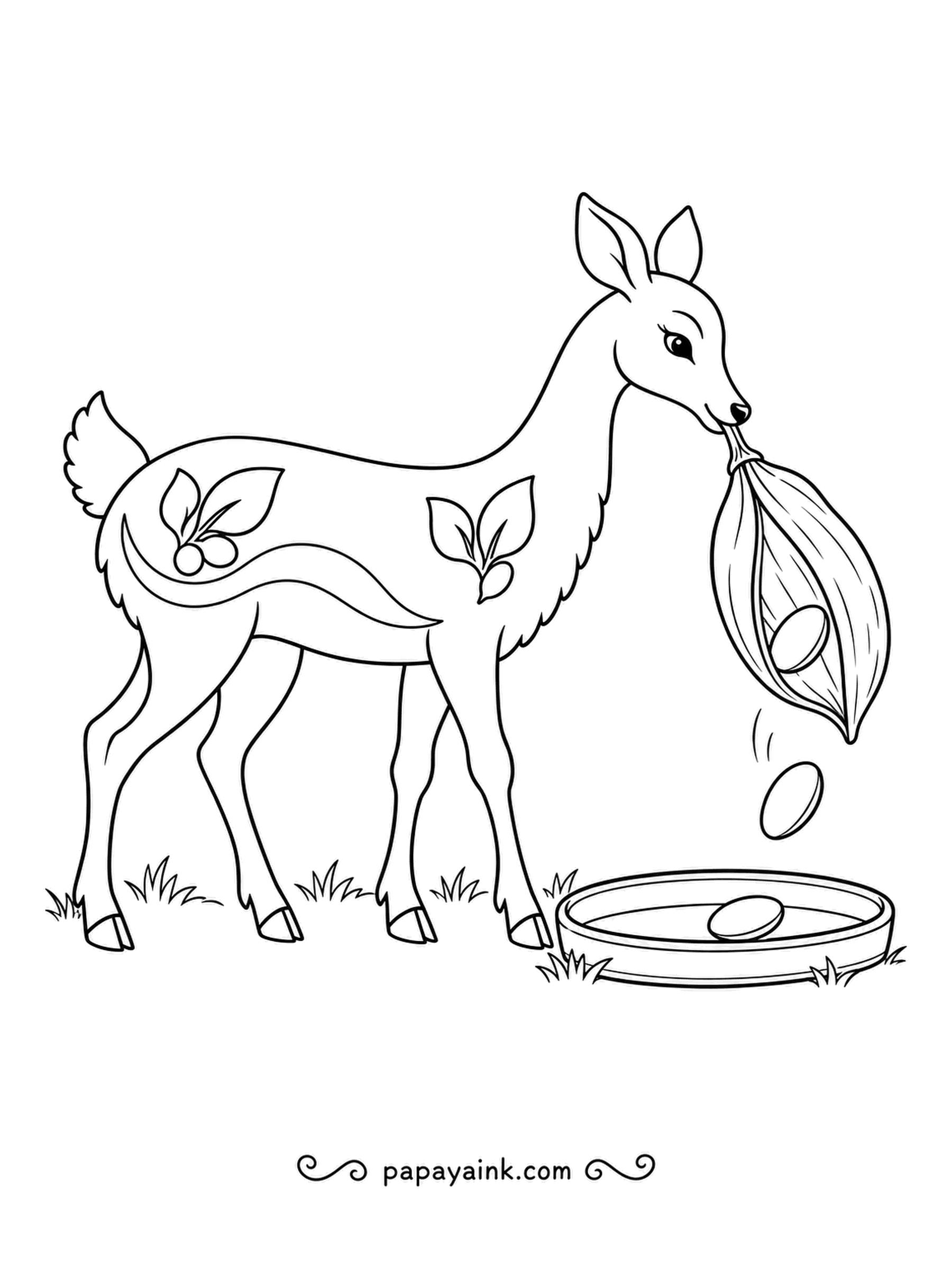 Deer Coloring Pages - Shake a dry seed pod and the seeds rattle out. The folk-art deer is emptying one into a dish, one seed at a time. Leafy motifs decorate its body; earthy tones throughout.