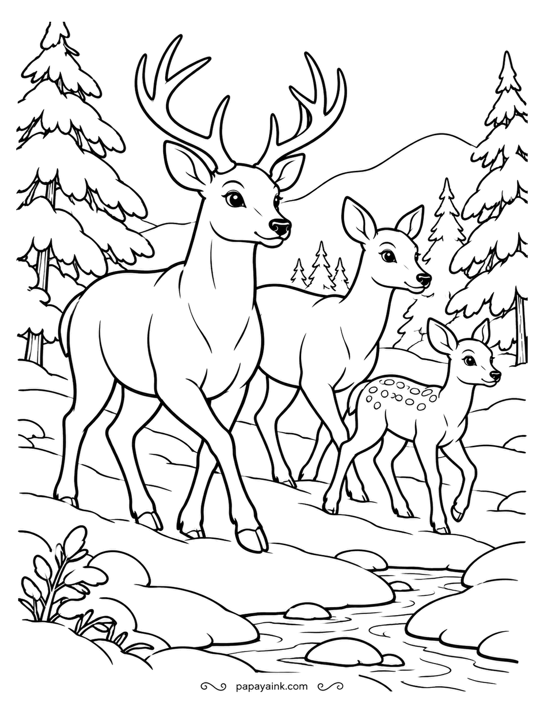 December Coloring Pages - A white-tailed deer family crosses a clearing: the buck with his antlers, the doe following him, the fawn bringing up the rear by the stream. Winter coats are grayish brown rather than summer red. Leave the stream pale so the snow stays bright.