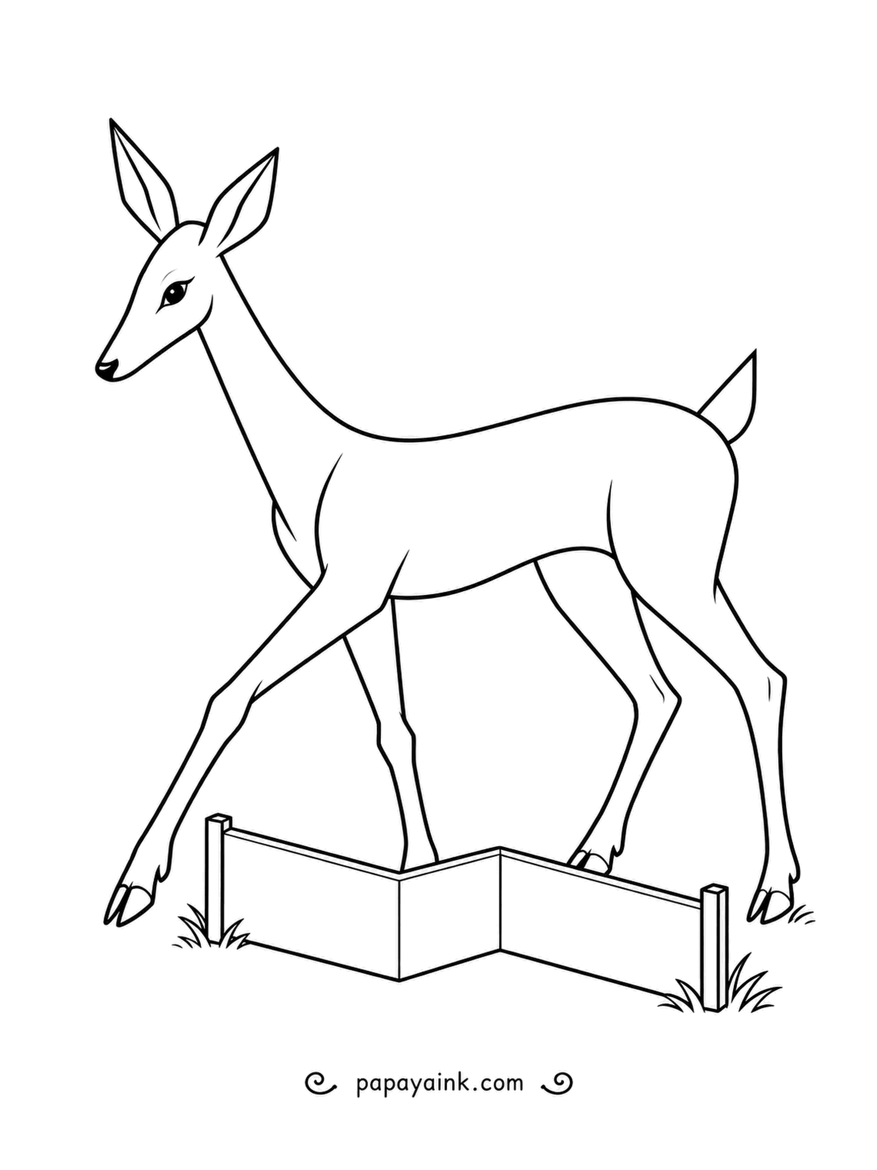 Deer Coloring Pages - A low folding screen stands in the grass, and the deer steps over it with long, careful strides. Clear outlines and plenty of open space - an easy, elegant sheet.