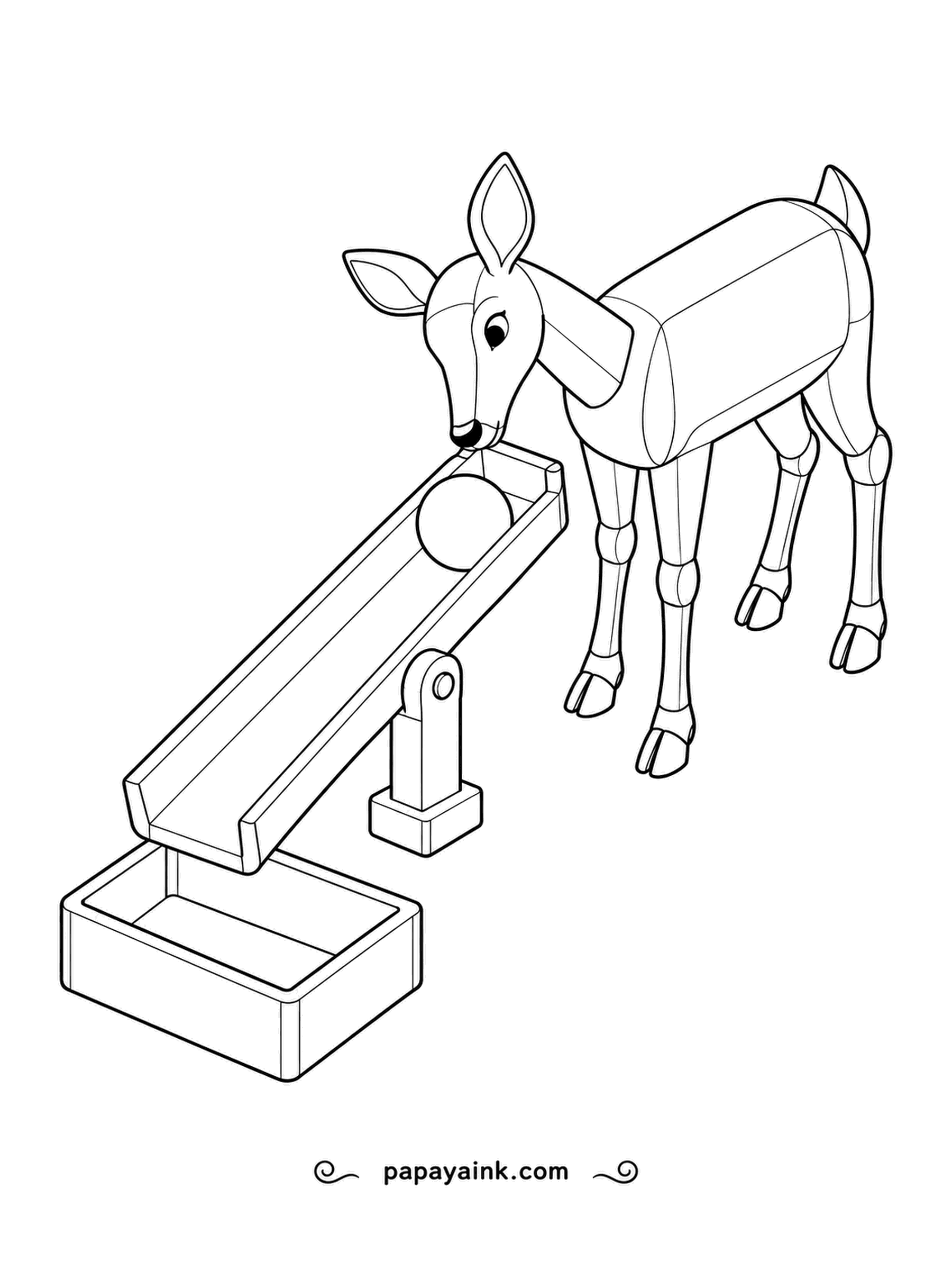 Deer Coloring Pages - Tip the little gutter and the ball rolls down into the waiting box. The block-built deer handles the controls with its muzzle. Isometric forms and an easy little machine.