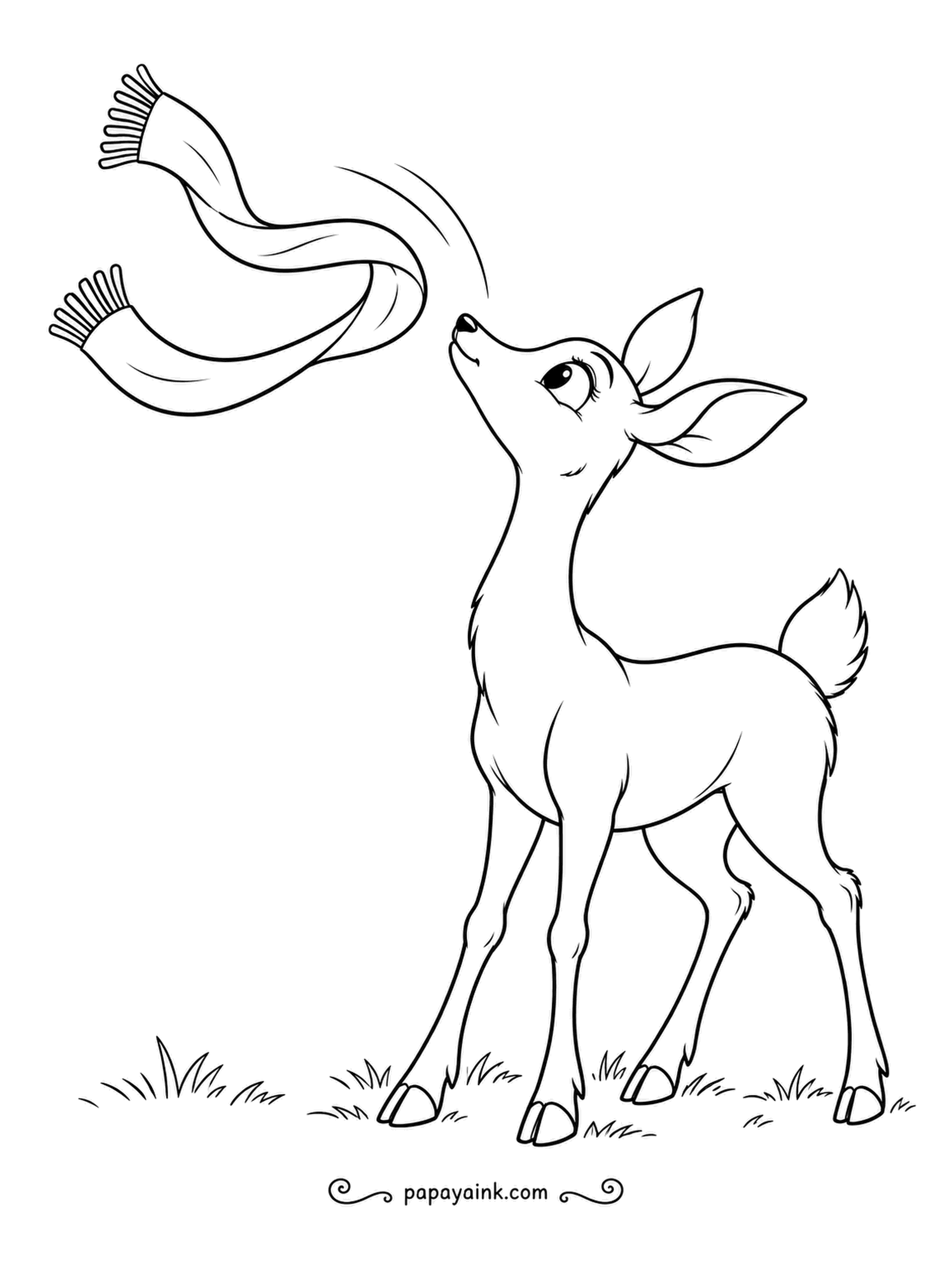 Deer Coloring Pages - A fringed scarf flies up into the air, flipped by a playful youngster who watches it come down. Light fur detail - pick a bright scarf color.